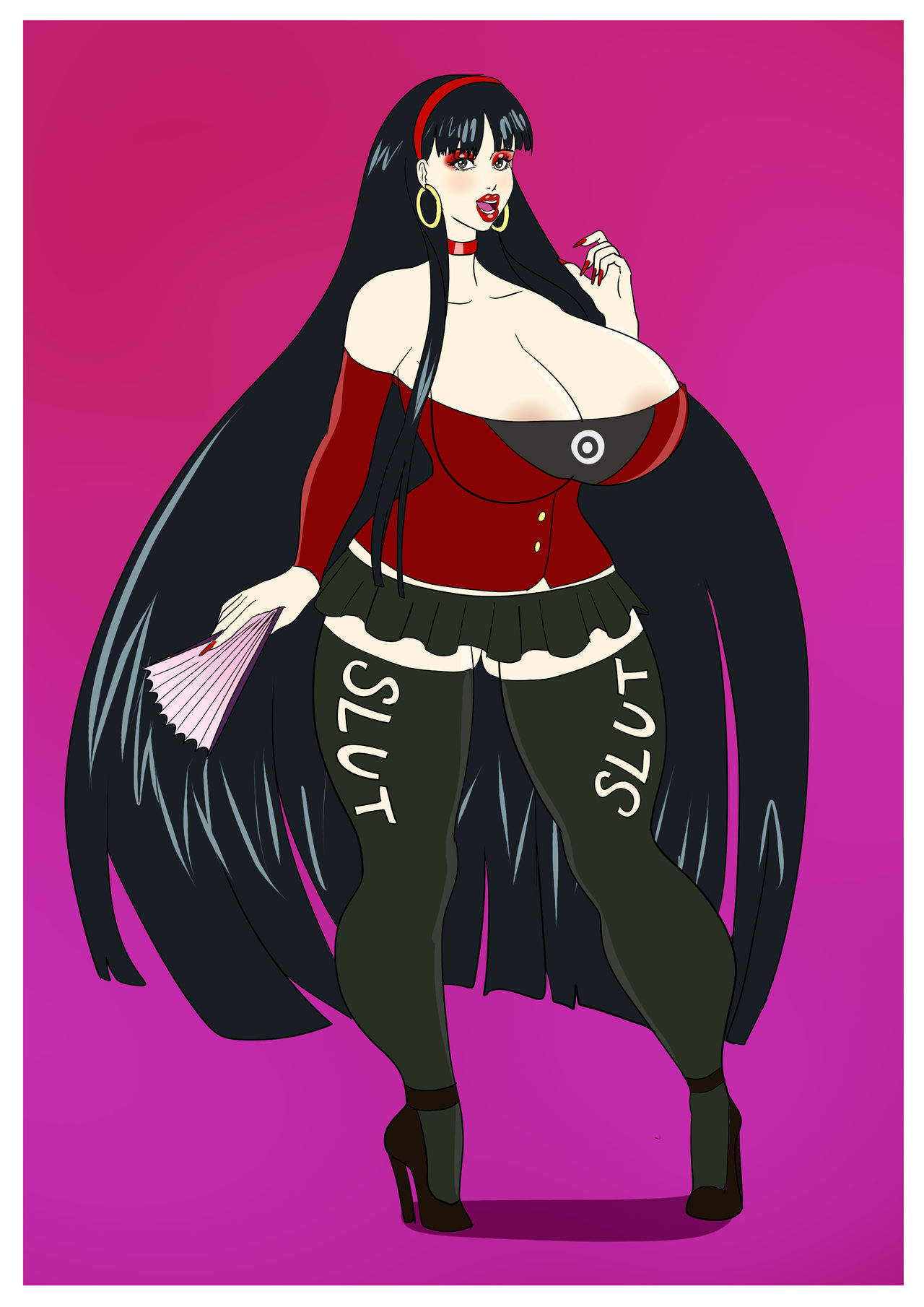 amagi yukiko, annon, areolae, bimbo, bimbofication, black hair, brain drain, breasts, choker, eyeshadow, fan, female, happy trance, high heels, hoop earrings, large breasts, lipstick, long fingernails, makeup, nail polish, persona, persona 4, red eyeshadow, red lipstick, red makeup, red nail polish, red nails, smile