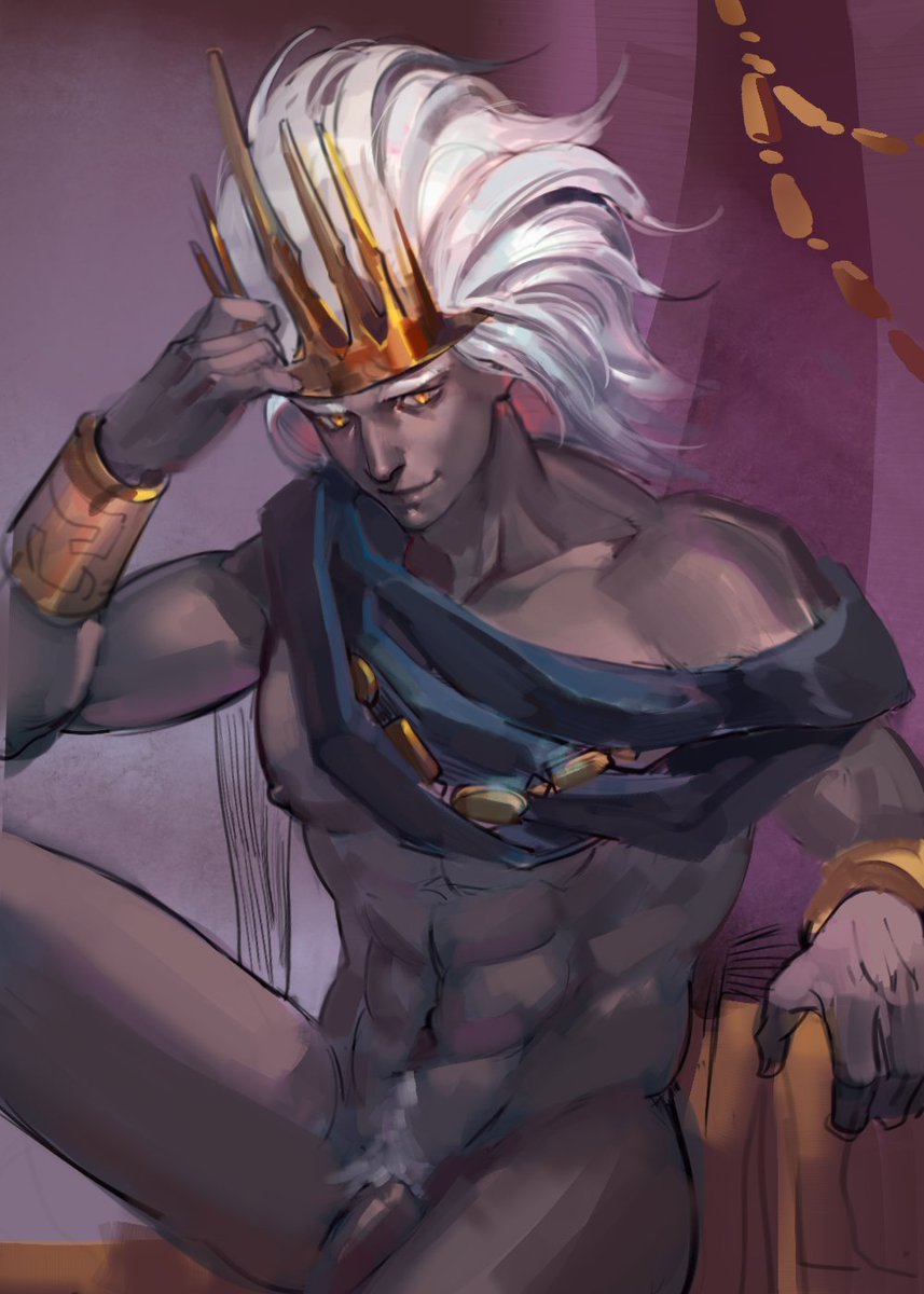 abs archdragonleak crown dark_souls dark_souls_3 deity flaccid fromsoftware gold_(metal) grey_skin jewelry looking_away male male_only male_pubic_hair mostly_nude muscular muscular_male nameless_king painting_(artwork) penis pubic_hair scarf sitting smile solo white_hair wrist_cuffs yellow_eyes