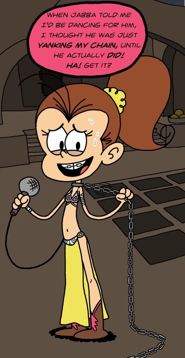 braces brown_hair chain_leash chained chains collar collar_chain commentary crossover leashed luan_loud microphone nervous nervous_grin nervous_smile nervous_sweat partially_clothed princess_leia_organa_(cosplay) purple_monke_(artist) skimpy skimpy_clothes slave slave_bikini slave_collar slave_leia_(cosplay) slave_outfit slavegirl star_wars the_loud_house