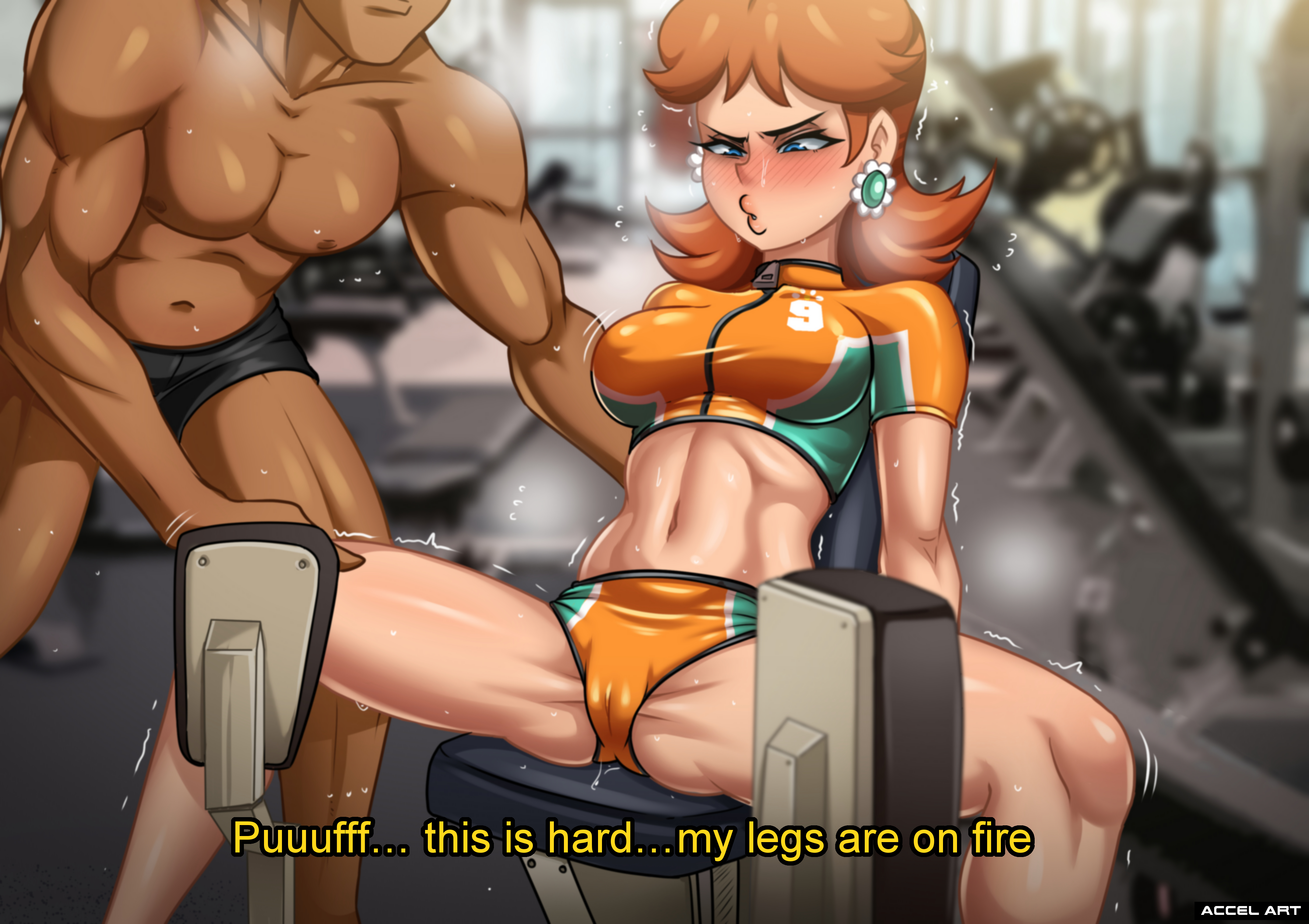 accelart, blue eyes, blush, breasts, brown hair, comic, dark skin, dark-skinned male, english text, eyelashes, female, gloves, groin, gym, legs, male, mario (series), mario strikers, medium hair, navel, orange shirt, orange shorts, princess daisy, shirt, short, sitting, soccer uniform, spread legs, sweat, tomboy