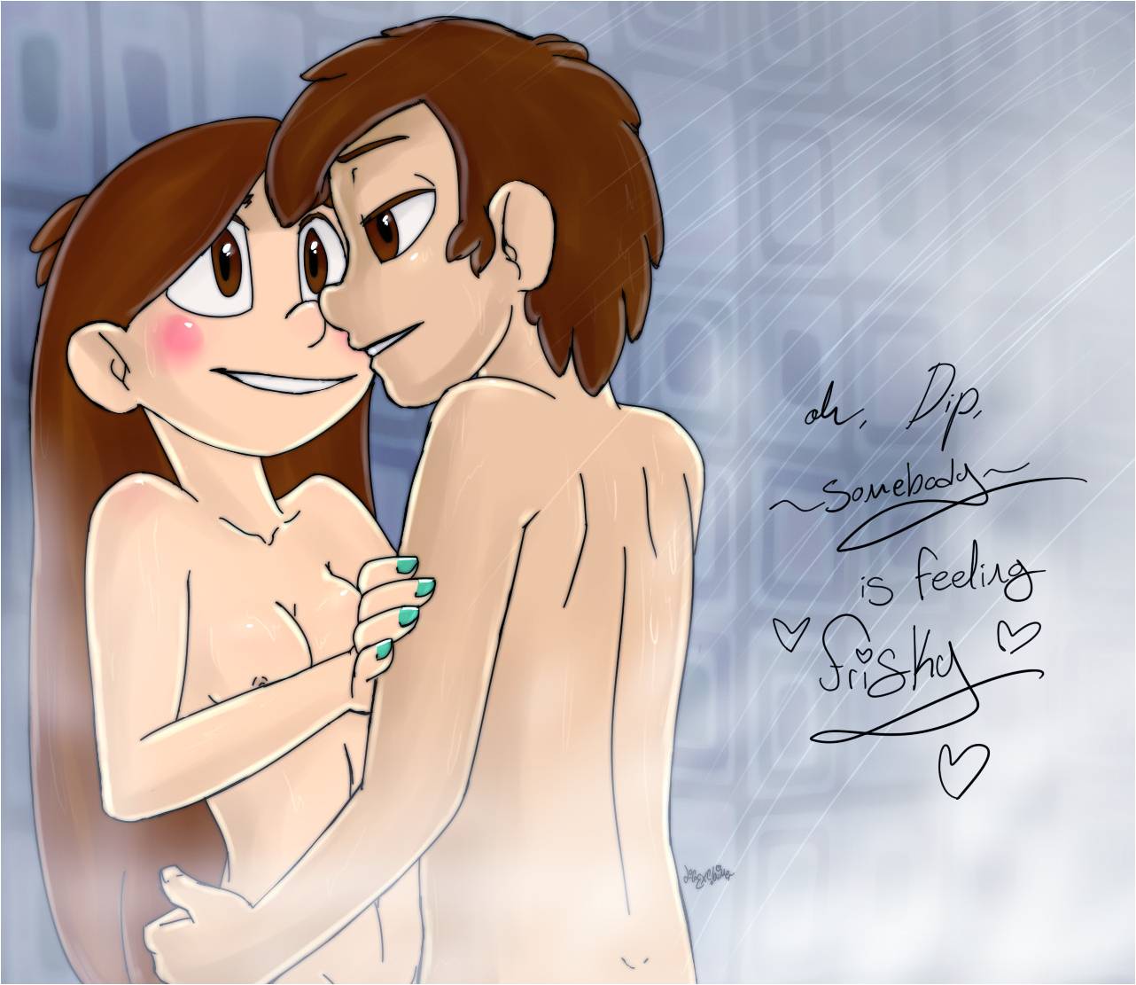 1boy, 1girls, 2019, aged up, blush, breasts, brother, brother and sister, brown hair, dialogue, dipper pines, disney, disney channel, disney xd, drgaster, female, grabbing hips, gravity falls, hugging, human, imminent sex, incest, mabel pines, male, male and female focus, mixed bathing, nail polish, nipples, nude, nude female, nude male, opposite sex twins, pale skin, shower, shower sex, showering, siblings, signature, sister, standing, straight, straight hair, text, twincest, twins, wet body