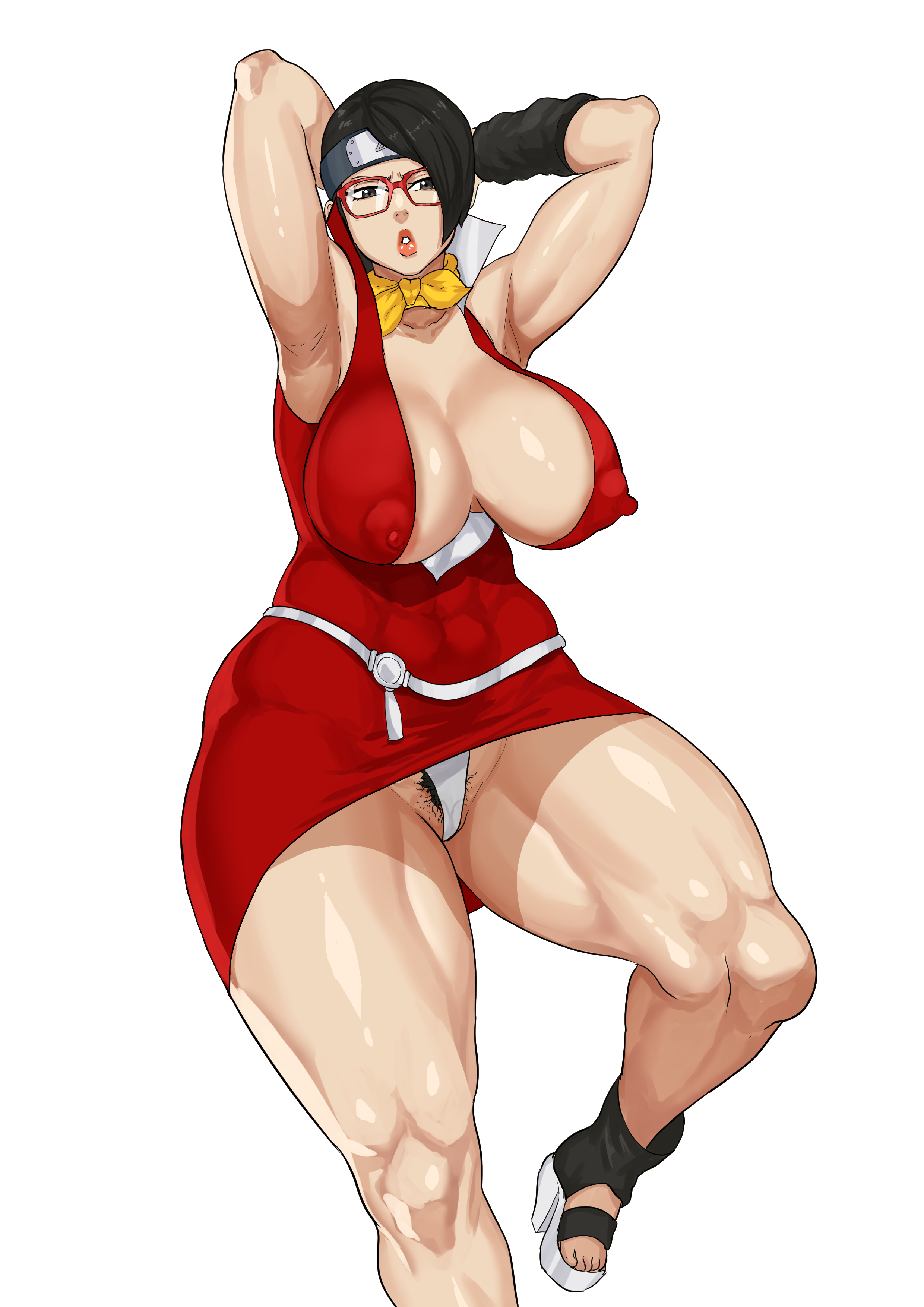 1girls, absurd res, aged up, armpits, big breasts, black hair, black pubic hair, boruto: naruto next generations, breasts, covered erect nipples, cyberboi, erect nipples under clothes, eye contact, female, female pubic hair, glasses, hairy pussy, high heels, high resolution, huge breasts, lips, looking at viewer, mature female, milf, naruto, naruto (series), pubic hair, pussy, sarada uchiha, short hair, solo, thick lips, thick thighs, voluptuous, wide hips