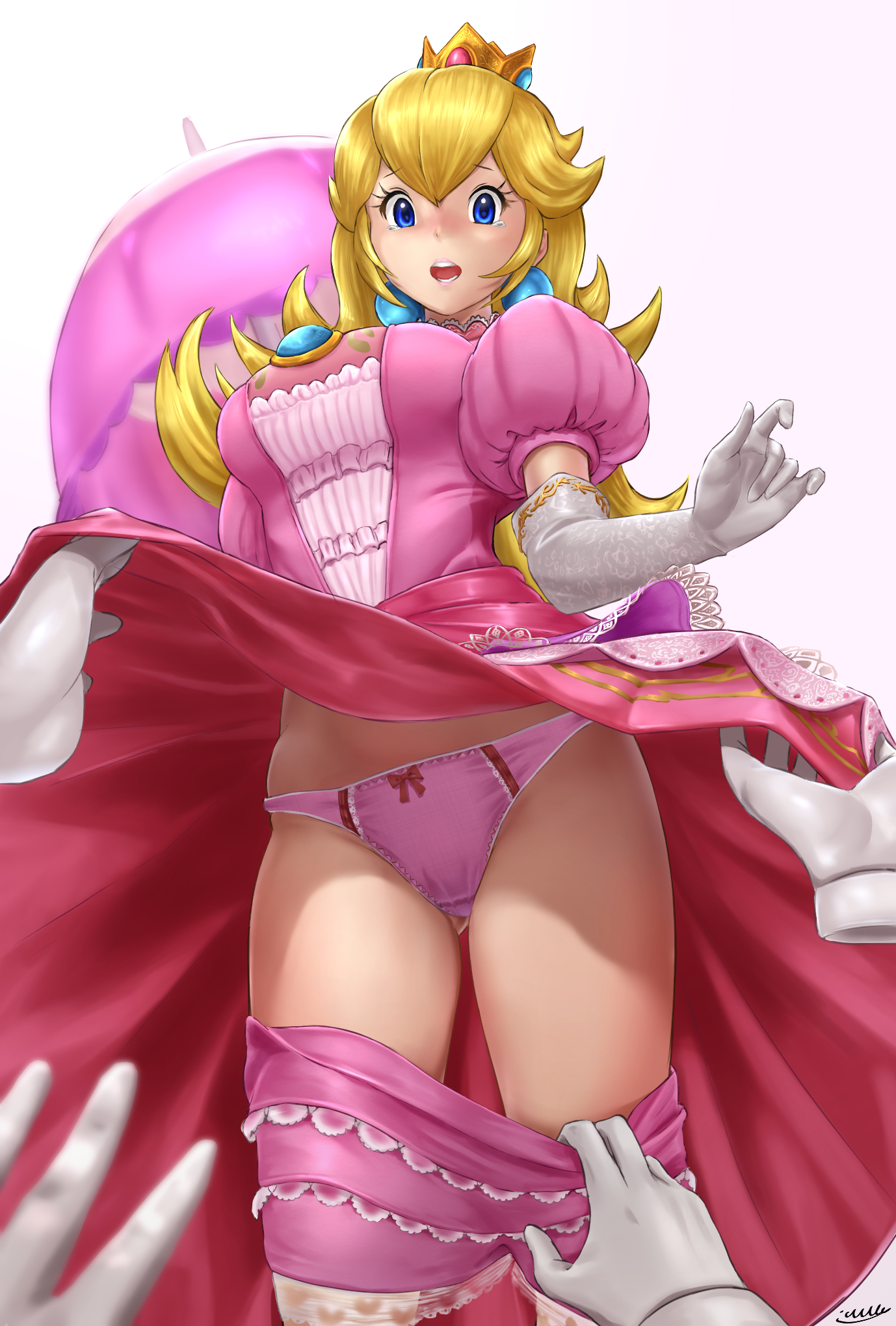 1girls, 2022, assisted exposure, big breasts, blonde hair, blue eyes, breasts, crown, crying, crying with eyes open, dress, dress pull, earring, earrings, embarrassed, exposed panties, female, fully clothed, gloves, long hair, mario (series), mouth, mouth open, nintendo, panties, pink panties, princess peach, ribbon panties, shocked, shocked expression, shorts pull, tears, teeth, underwear, white gloves, white skin, yellow hair