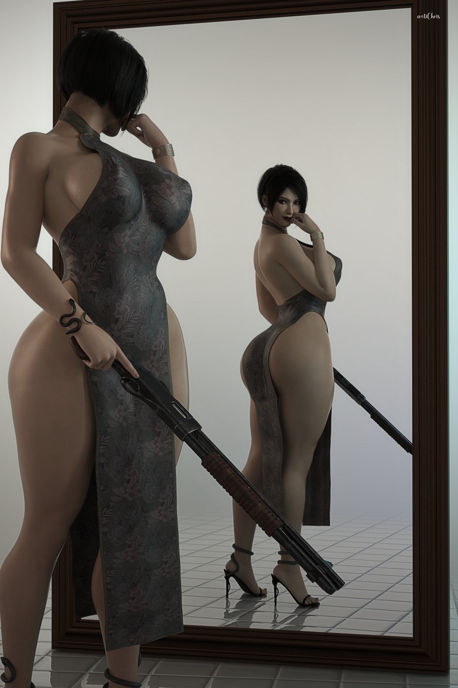 1girls, 3d, ada wong, ada wong (adriana), ass, breasts, cga3d, dress, erotichris, female, female only, firearm, gun, high heels, human, large ass, large breasts, mirror, open toe shoes, pale skin, reflection, resident evil, resident evil 2, resident evil 2 remake, shoes, shotgun, sideboob, solo, thick thighs, thighs, weapon, wide hips
