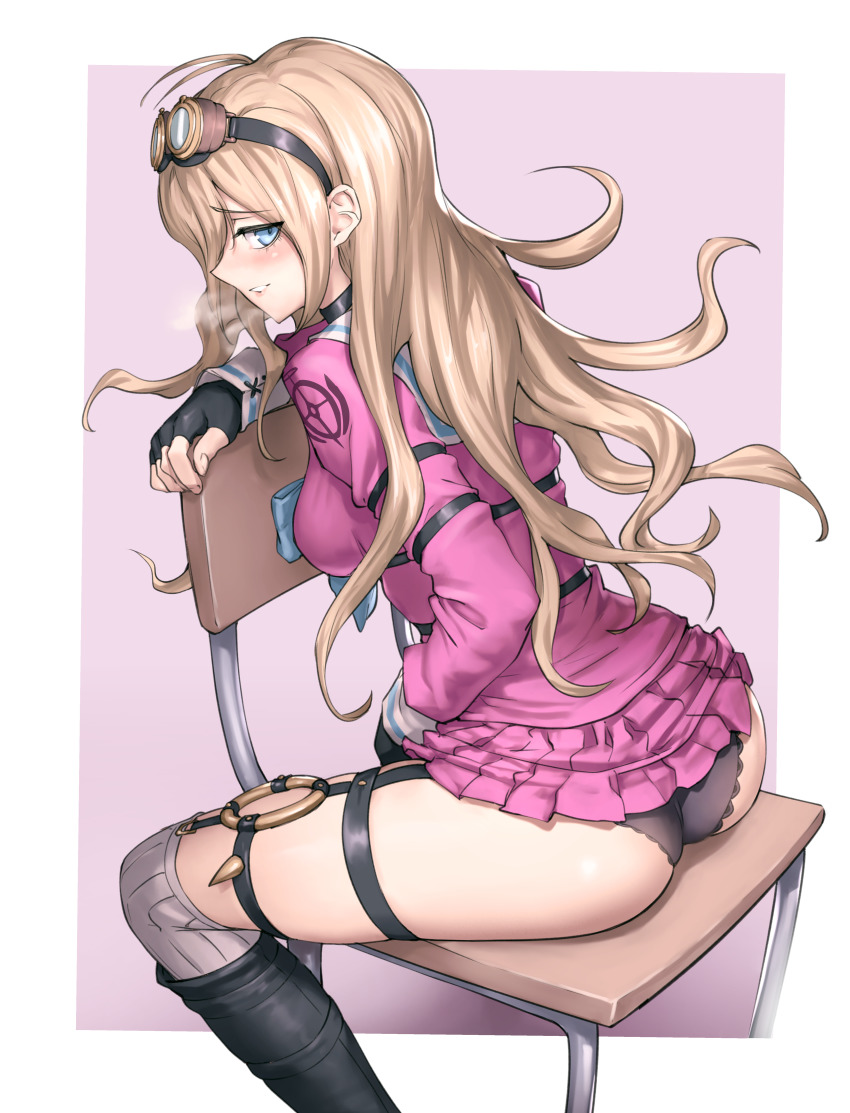 ass, blush, blushing at viewer, danganronpa, danganronpa v3, female, female only, iruma miu, lingerie, panties, short skirt, side view, straight hair, thighs, touching self, visible breath