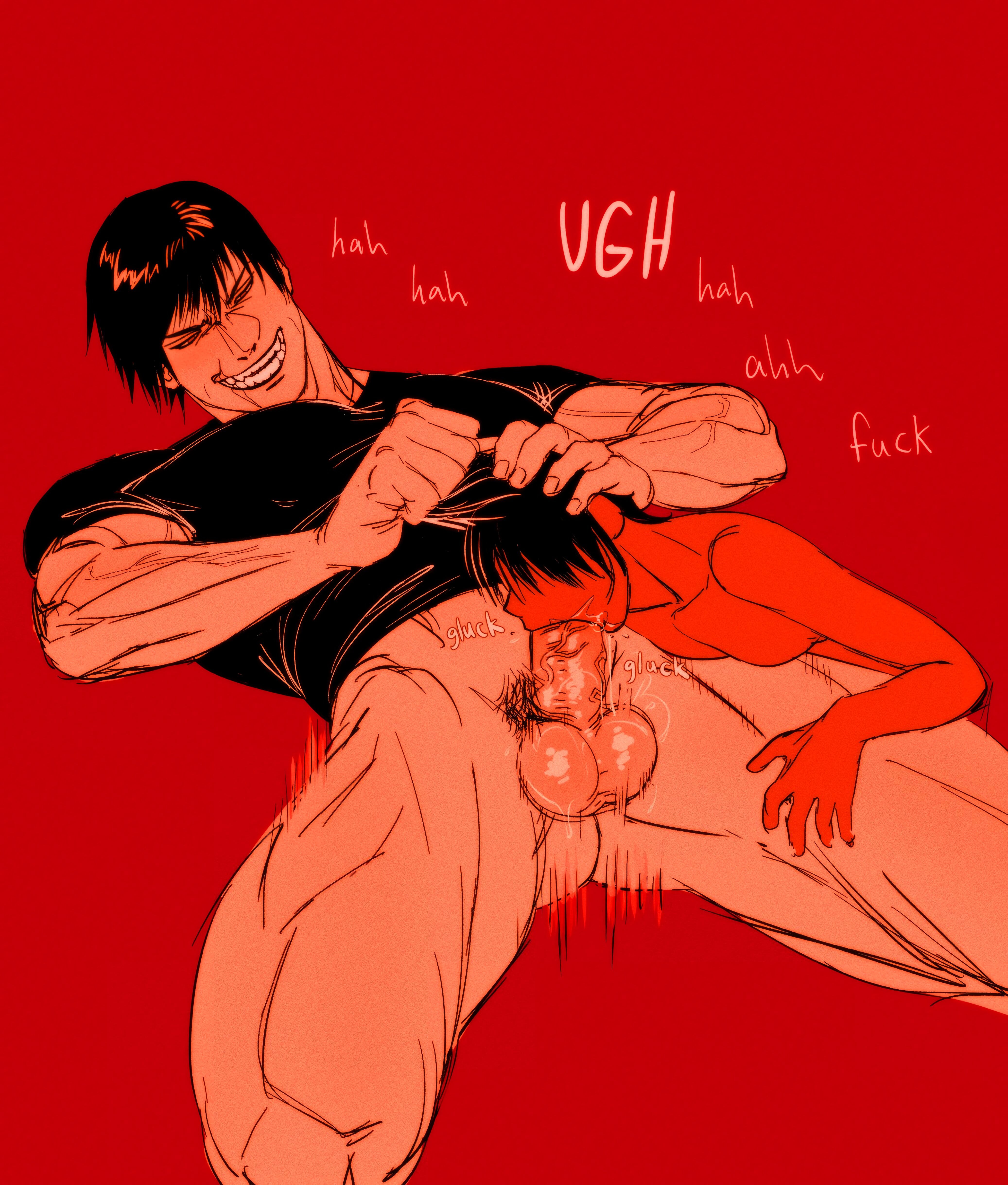 1boy, 1girls, ass, balls, biceps, black hair, blowjob, breasts, challenge, faceless character, faceless female, female, flexing, hair pull, huge balls, huge cock, juhihuji, jujutsu kaisen, legs, male, mama fushiguro, nipples, pectorals, penis, scar, sex, smiling, straight, sucking, sucking penis, suffocation, toji fushiguro