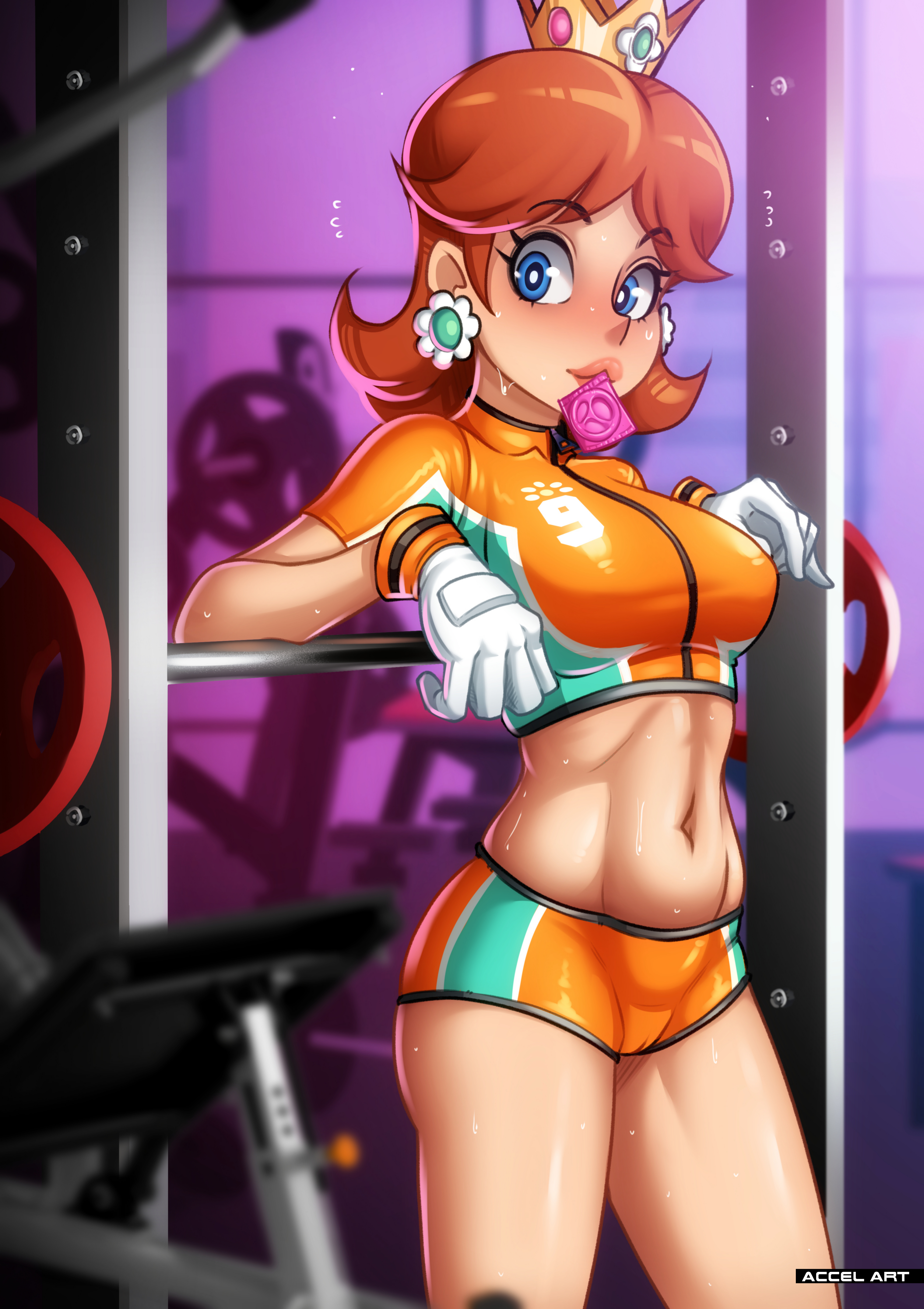 accelart, blue eyes, breasts, brown hair, comic, condom, eyelashes, female, gloves, gym, legs, looking at viewer, mario (series), mario strikers, medium hair, navel, orange shirt, orange shorts, princess daisy, shirt, short, soccer uniform, tomboy