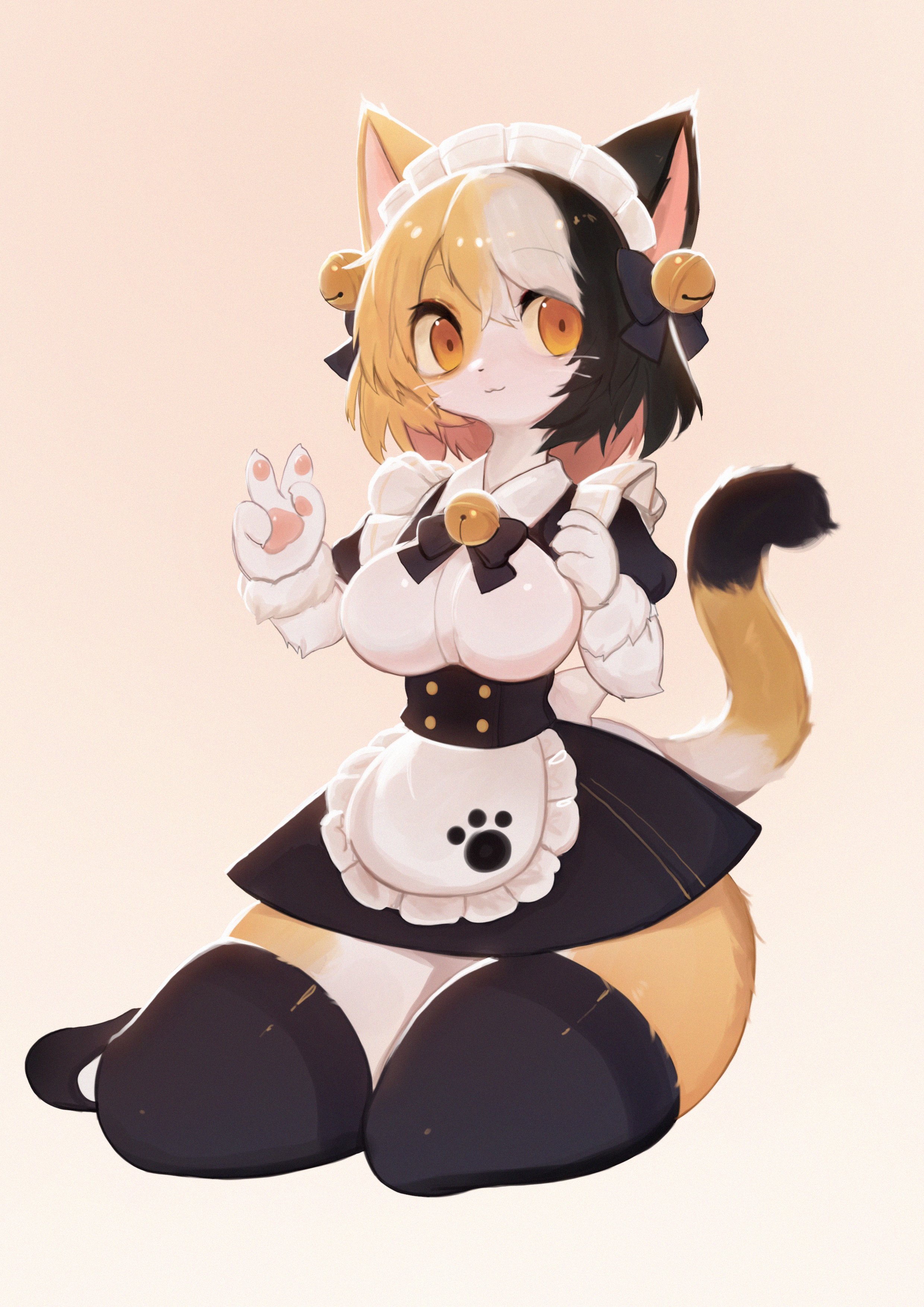 :3, 1girls, 2022, 4 fingers, amber eyes, anthro, apron, bell, big breasts, black body, black fur, black hair, black nose, blonde hair, bow ribbon, breasts, calico cat, clothing, domestic cat, dress, eyebrow through hair, eyebrows, eyelashes, felid, feline, felis, female, female only, fingers, footwear, fur, hair, legwear, looking at viewer, maid, maid headdress, maid uniform, mammal, multicolored body, multicolored fur, multicolored hair, shoes, simple background, smile, smiling, smiling at viewer, soda uyu, solo, stockings, tan background, tan body, tan fur, thick thighs, thigh highs, translucent, translucent hair, uniform, very high resolution, whiskers, white body, white fur, white hair, wide hips