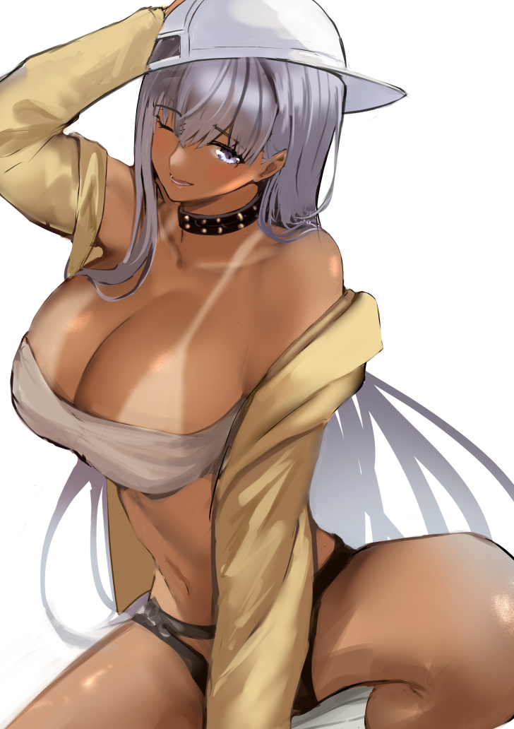 1girls, backwards hat, bb (fate), bb (swimsuit mooncancer), big breasts, breasts, busty, cleavage, clothing, fate (series), fate/grand order, female, female only, hat, huge breasts, jacket, jikihatiman, long hair, looking at viewer, one eye closed, sitting, solo, spiked collar, tanline, tanned, tanned skin, white hair