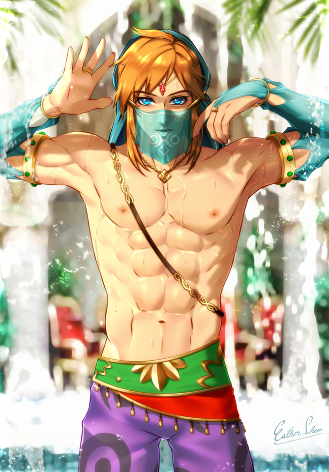 abs ambush_(trap) bishonen blonde_hair blue_eyes breath_of_the_wild detached_sleeves esther-shen fit_male gerudo_link gerudo_veil hylian jojo_reference link link_(breath_of_the_wild) male_only muscular_male nintendo the_legend_of_zelda