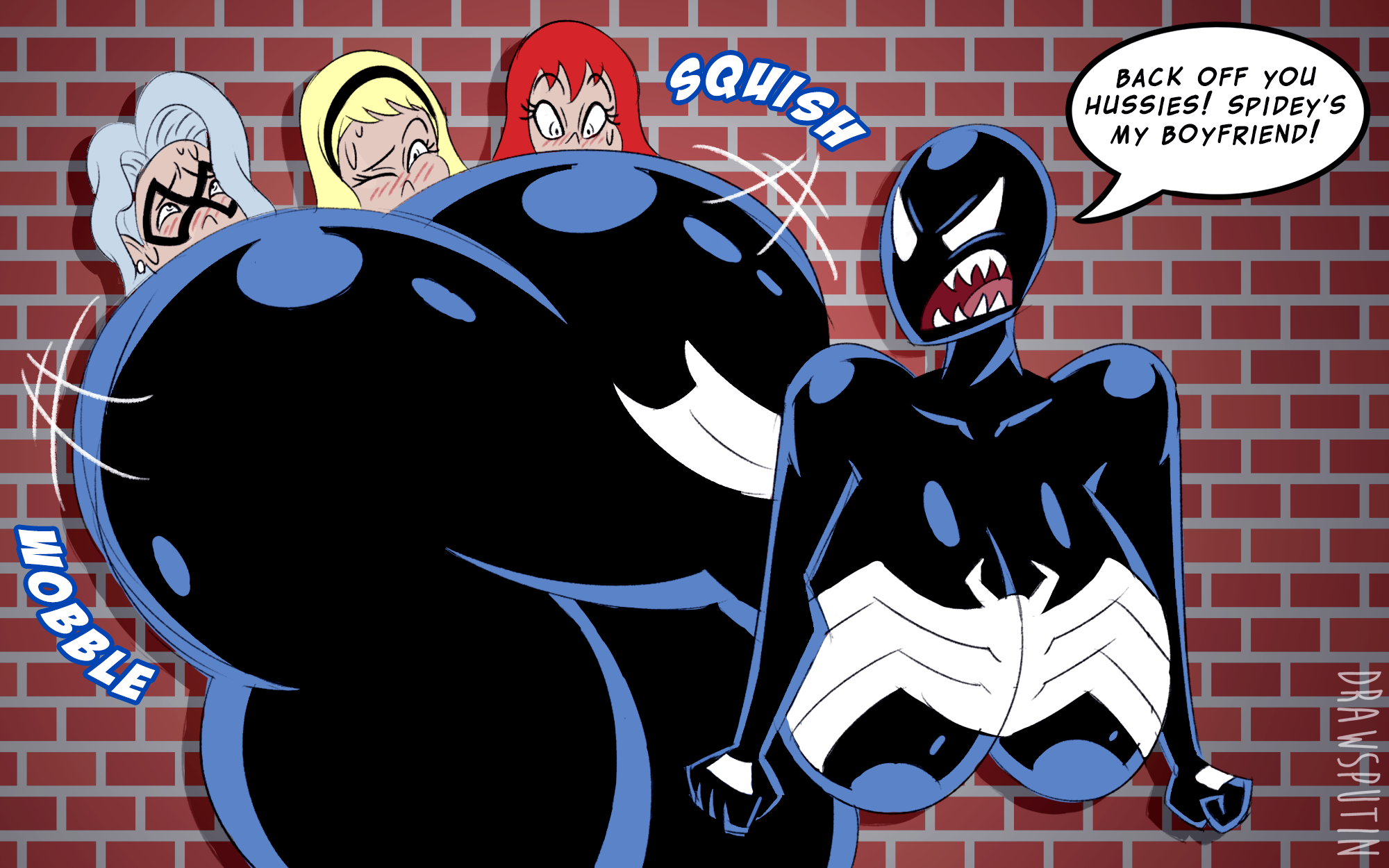 4girls, ameizing lewds, ass, ass bigger than breasts, ass bigger than head, ass smothering, big ass, big breasts, black cat (marvel), breasts, drawsputin, english text, enormous ass, facesitting, felicia hardy, female, female only, gigantic ass, gwen stacy, gwen stacy (classic), huge ass, huge breasts, hyper, hyper ass, large ass, large breasts, marvel, marvel comics, mary jane watson, massive ass, multiple females, multiple girls, she-venom, she-venom (ameizing lewds), smothering, speech bubble, spider-man (series), text, venom, venom (marvel)