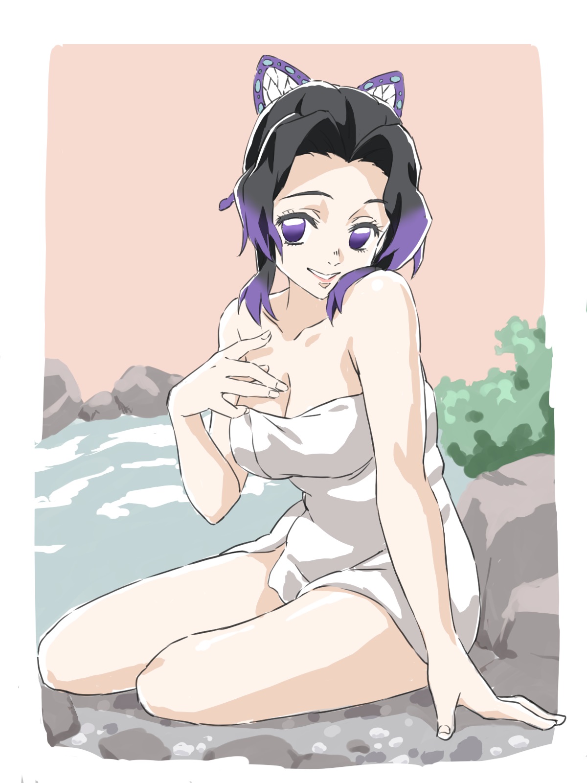 1girls, bath, black hair, butterfly hair ornament, cleavage, demon slayer, female, female only, kimetsu no yaiba, kochou shinobu, onsen, purple eyes, purple hair, purple-haired female, sitting, smile, solo, towel, towel only, two-tone hair, water