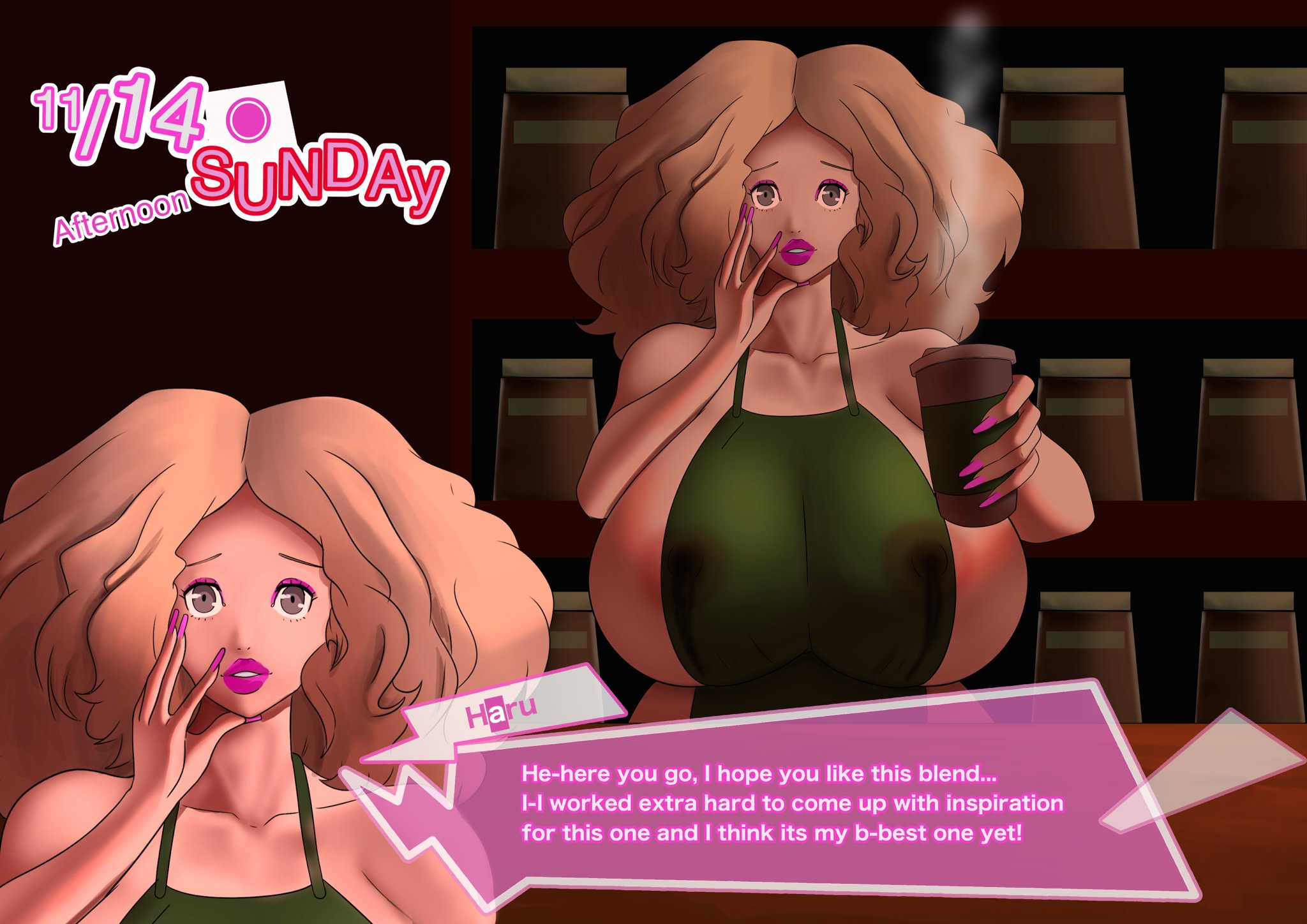 1girls, 2022, annon, apron, apron only, big areola, big hair, bimbo, blonde hair, bodily fluids, breasts, busty, cleavage, coffee, curvy, eyeshadow, female, female only, haru okumura, huge breasts, iced latte with breast milk, lactation, large breasts, light skin, light-skinned female, lipstick, long fingernails, looking at viewer, makeup, meme, nail polish, persona, persona 5, pink eyeshadow, pink fingernails, pink lipstick, solo, text, thick lips, venus body, voluptuous, wet clothes, wholesome