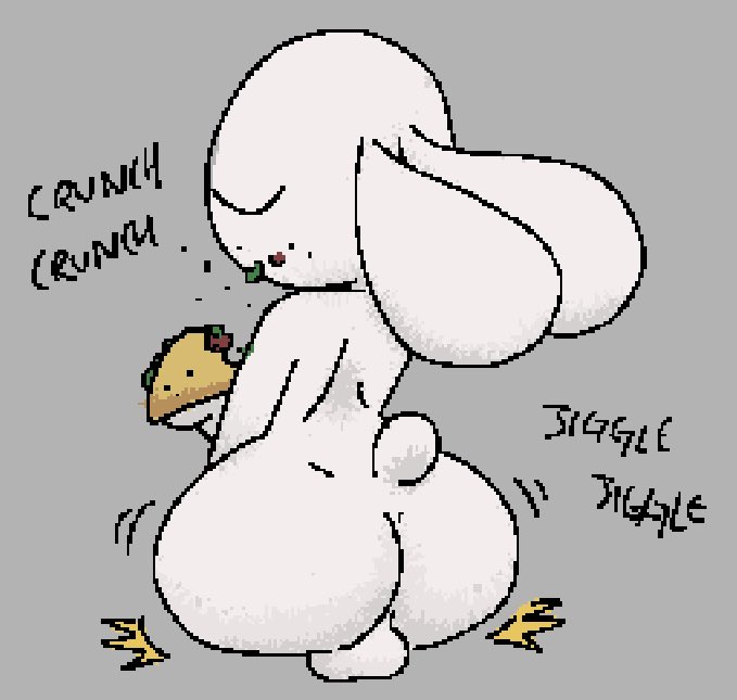 2022 anthro ass ass_focus balls casual_nudity eating flint_(qoolguyart) fur furry furry_only genitals jiggling lagomorph leporid male male_only mammal nude qoolguyart rabbit solo tail text