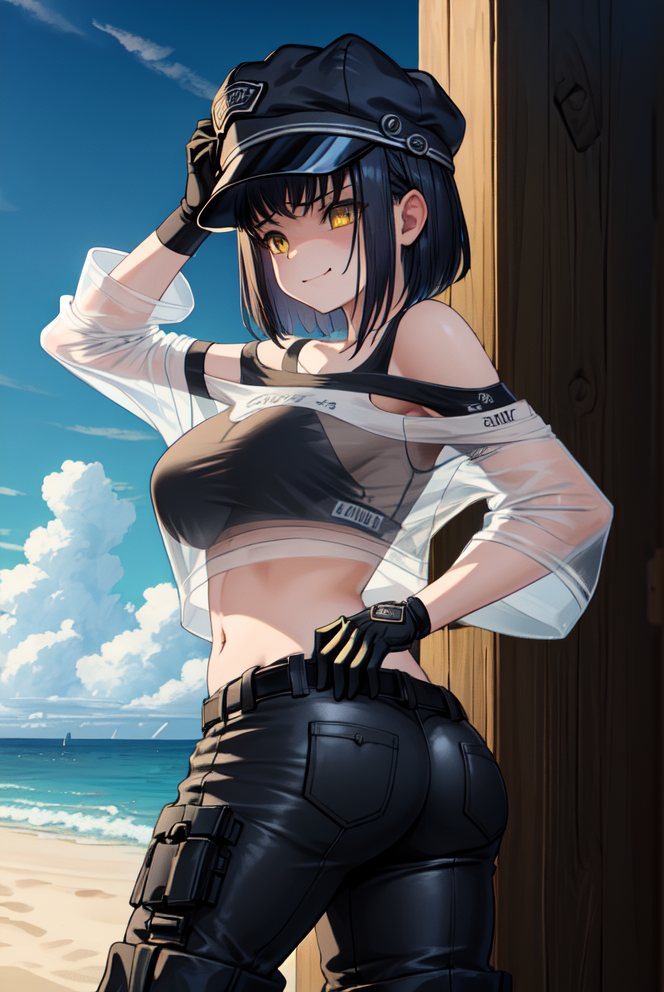 ai_generated ass bare_shoulders black_hair bra breasts cabbie_hat female from_behind gloves goddess_of_victory:_nikke hat looking_at_viewer medium_breasts milk_(nikke) pants see-through see-through_clothing shiny shiny_clothes shiny_hair shiny_skin shirt short_hair smile solo tomboy yellow_eyes