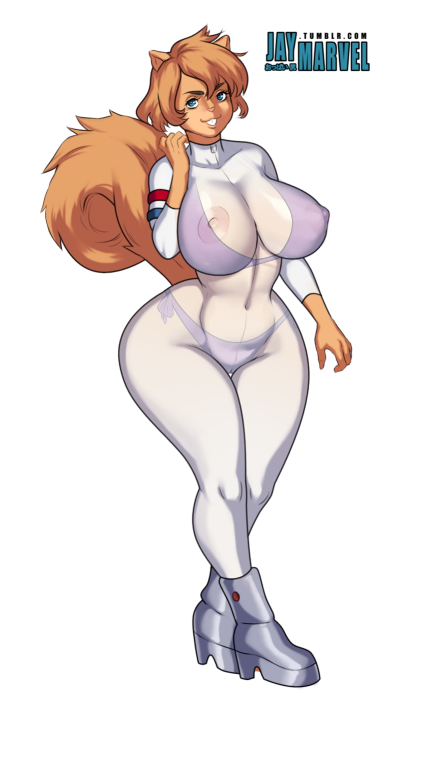 bikini under clothes, breasts, female, full body, fully clothed, jay-marvel, large breasts, platform boots, sandy cheeks, see-through, spongebob squarepants
