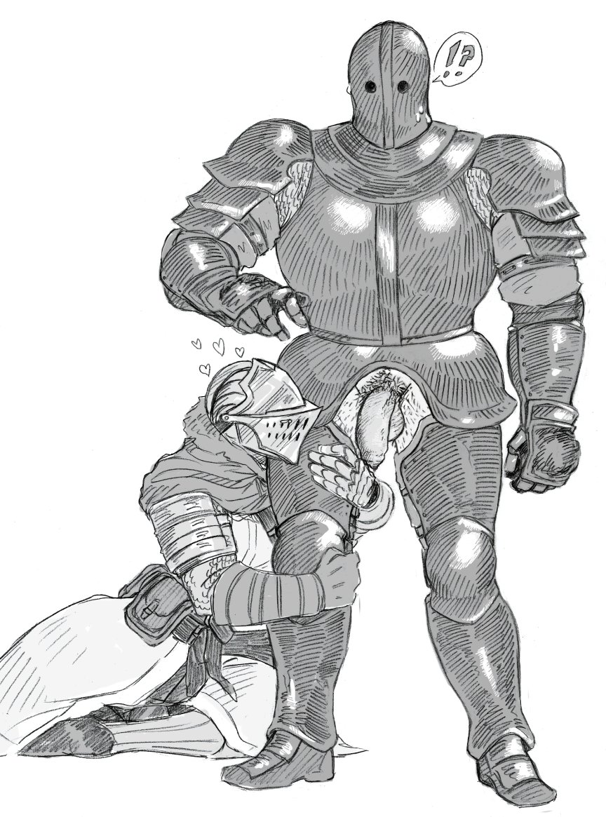 1boy 1other ?! ambiguous_gender anri_of_astora armor confusion cute dark_souls dark_souls_3 flaccid fromsoftware full_body hamfoot1 helmet horace_the_hushed hug hugging knight male male_pubic_hair monochrome mostly_clothed penis penis_out pubic_hair standing surprised sweat uncensored uncut unretracted_foreskin worship