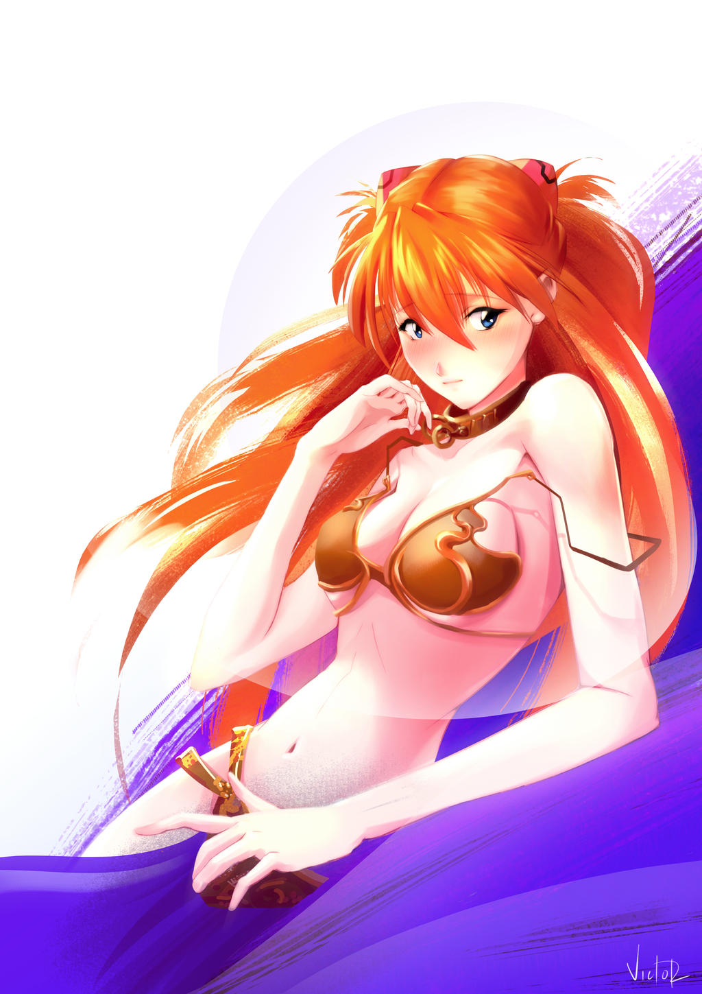 asuka langley sohryu, auburn hair, belly dancer, belly dancer outfit, blue eyes, breasts, cleavage, clothing, dancer, dancer outfit, female, female only, german, japanese, large breasts, long hair, medium breasts, metal bikini, neon genesis evangelion, perky breasts, redhead, slave, slave bikini, slave collar, slave girl, slave leia (cosplay), slave outfit, star wars, teenager, victortienyu, voluptuous