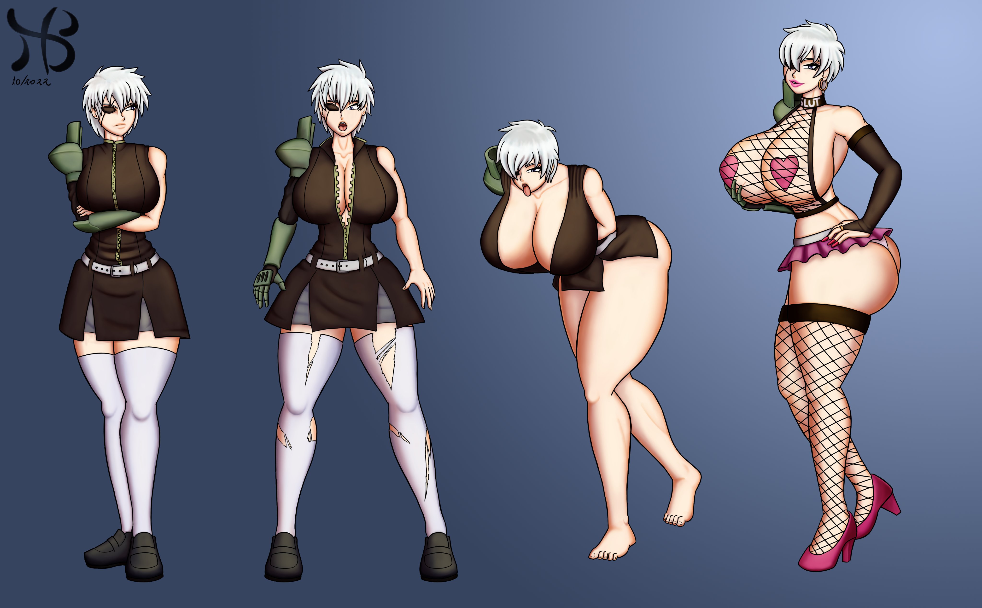 1girls, akame ga kill!, armwear, artist logo, artist name, ass, assjob, background, bare shoulders, belt, big ass, big butt, bimbo, bimbo body, bimbo lips, bimbofication, bimbofied, black socks, breast expansion, breast growth, breast growth (enlargement), breasts, breasts outside, buttjob, choker, cleavage, covered nipples, crossed arms, curvy, curvy body, curvy female, curvy figure, ear piercing, earrings, excited, eyepatch, feet, female, female only, fishnet socks, fishnet thighhighs, fishnets, full body, hair between eyes, hand on breast, hiastobasement (artist), high heels, huge breasts, large ass, light skin, light-skinned female, lips, lipstick, looking at viewer, looking away, looking down, mature, mature female, miniskirt, najenda (akame ga kill!), open mouth, pale skin, pale-skinned female, panties, pose, prosthetic, prosthetic arm, prosthetic limb, purple eyes, revealing clothes, ripped clothes, ripped clothing, seducing, seductive, seductive eyes, seductive look, seductive mouth, seductive smile, shoes, short hair, silver hair, simple background, skirt, smile, smiling, socks, solo, solo female, solo focus, straps, surprised, surprised expression, thick, thick ass, thick legs, thick lips, thick thighs, thigh socks, thighhighs, thighs, tomboy, tomboy feminized, voluptuous, voluptuous female, white socks, zipper, zipper down
