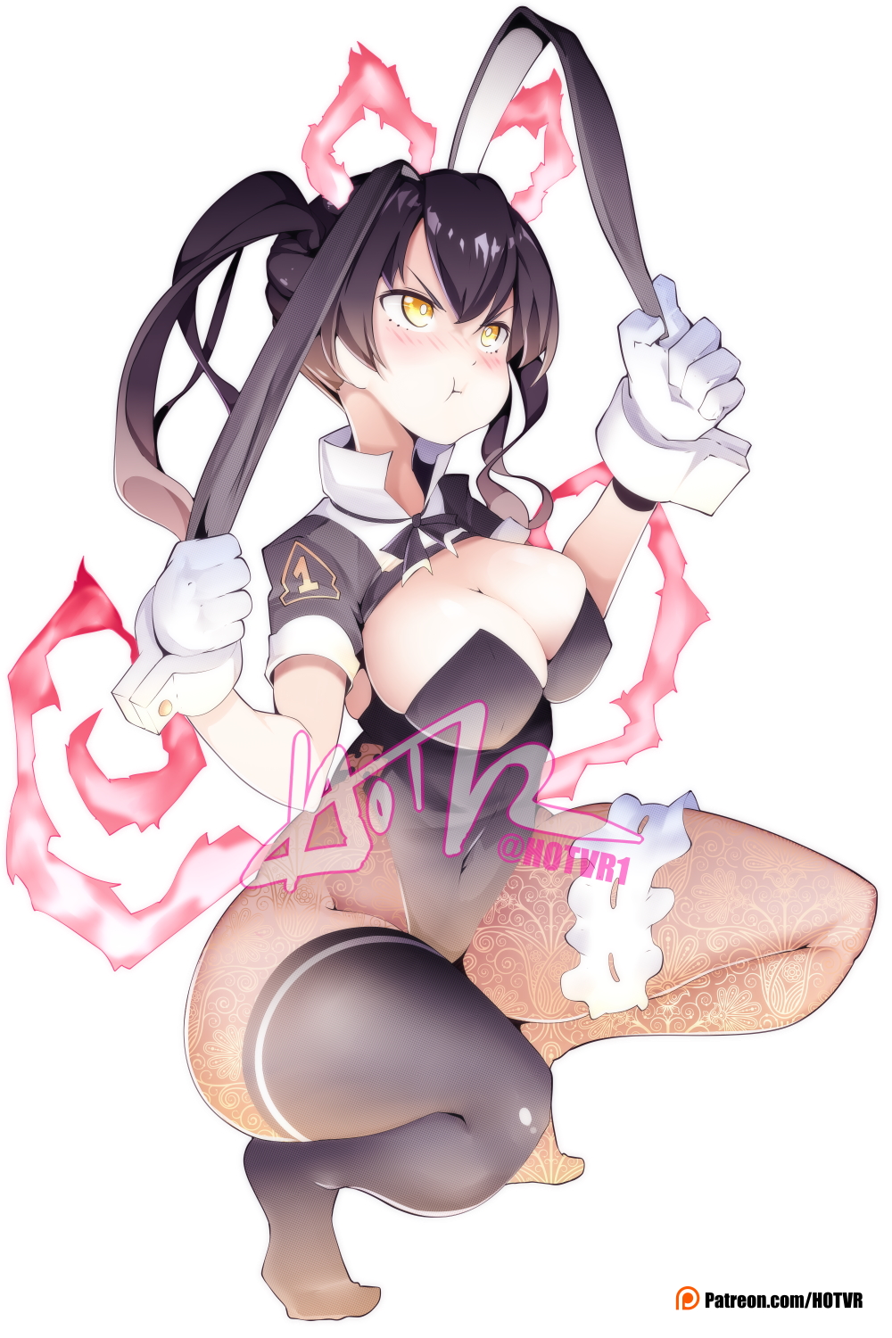 1girls, big breasts, breasts, bunny girl, bunnysuit, cleavage, enen no shouboutai, female, fire force, full body, hotvr, kotatsu tamaki, leotard, pouting, solo, squatting, teenager, thick thighs, thighhighs, wide hips
