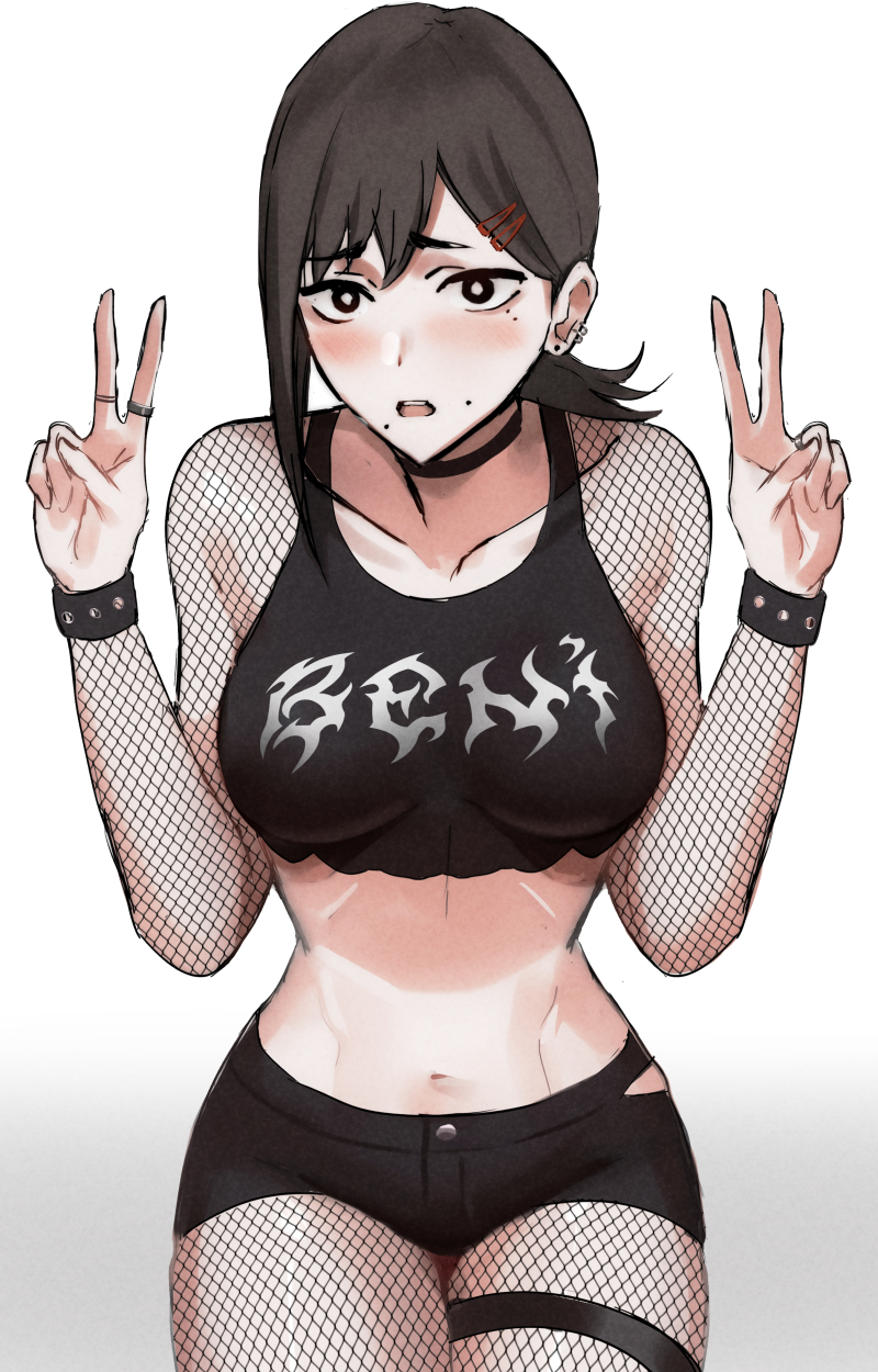 1girls, alternate costume, black eyes, black hair, blush, breasts, chainsaw man, choker, ear piercing, female, fishnet legwear, fishnets, fully clothed, goth, goth girl, higashiyama kobeni, midriff, navel, open mouth, peace sign, shorts, tank top, tommy (kingdukeee)