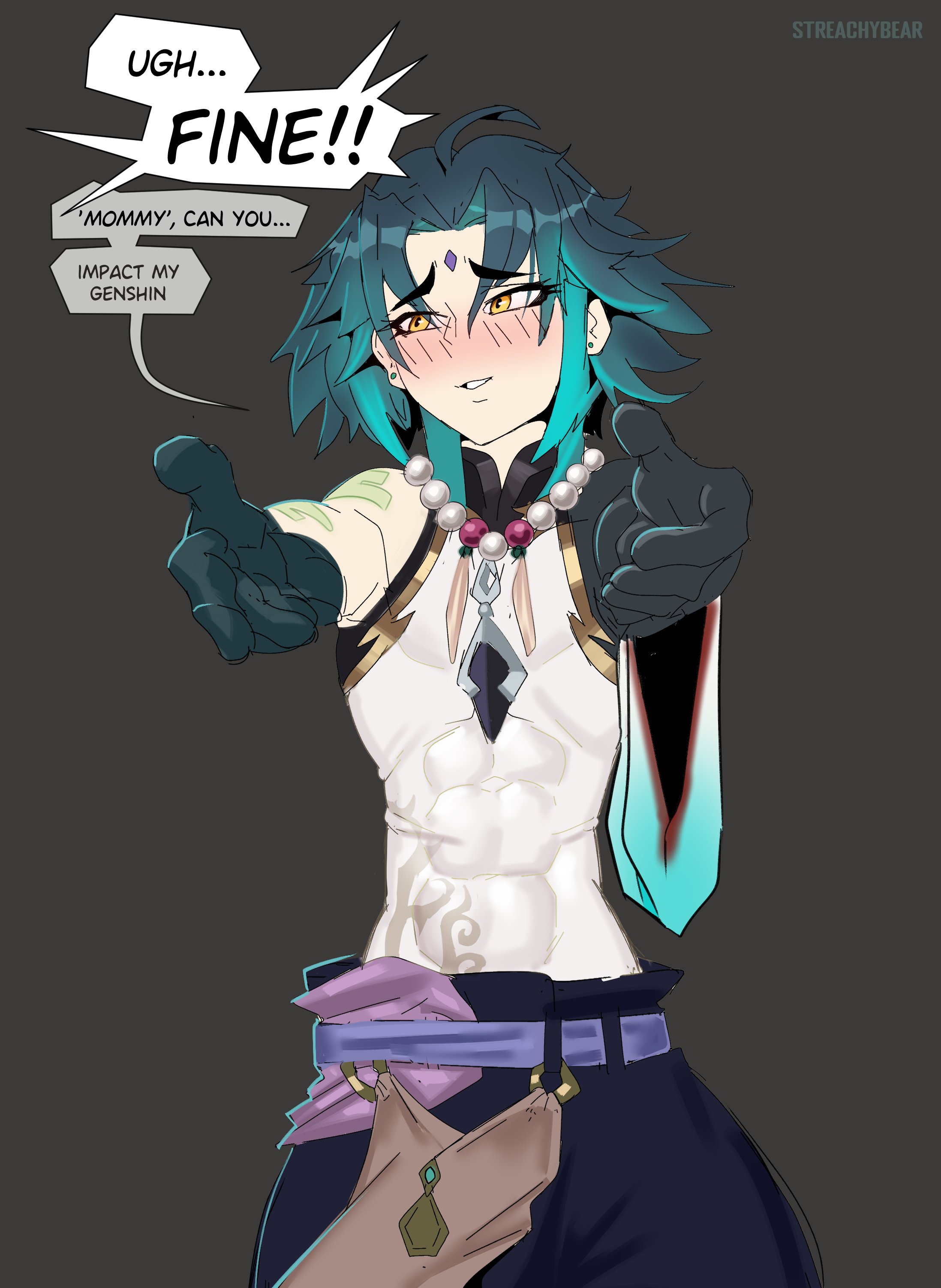 1boy, blush, clothed, clothing, dialogue, english text, female, female pov, fully clothed, genshin impact, light skin, light-skinned male, male, male only, pogchamp, solo, solo male, speech bubble, standing, streachybear, text, xiao (genshin impact)