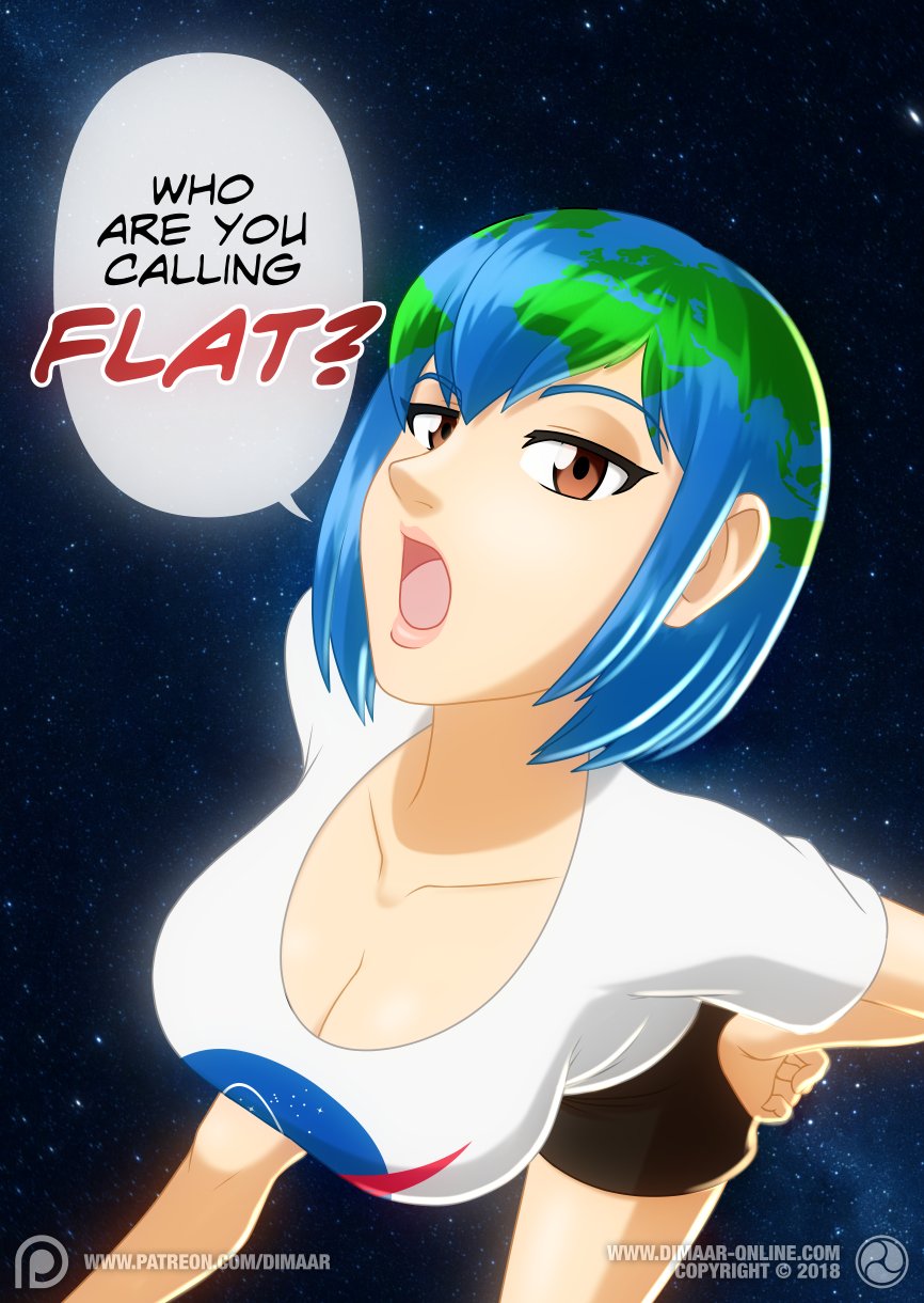 big_breasts blue_hair breasts brown_shorts cleavage earth-chan female female_only green_hair huge_breasts leaning_forward shorts speech_bubble