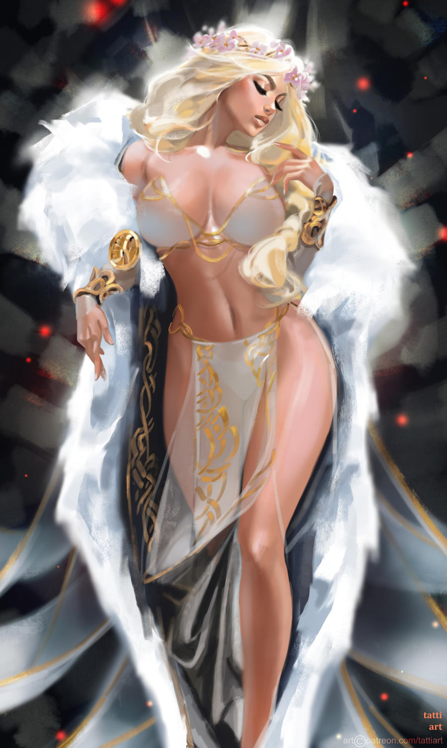 1girls, ass, astrid hofferson, belly, belly button, blonde hair, braid, braided hair, breasts, bride, chest, cleavage, closed eyes, crown, curvaceous, curvy, curvy body, curvy female, curvy figure, dreamworks, exposed, exposed shoulders, exposed torso, female, female only, flower, flower crown, flowers, fur cape, hair, heroine, hourglass figure, how to train your dragon, large breasts, legs, light skin, light-skinned female, loincloth, long hair, navel, pose, posing, revealing clothes, solo, solo female, stomach, tattiart, transparent clothing, vambraces, voluptuous, voluptuous female, wedding dress, white clothing