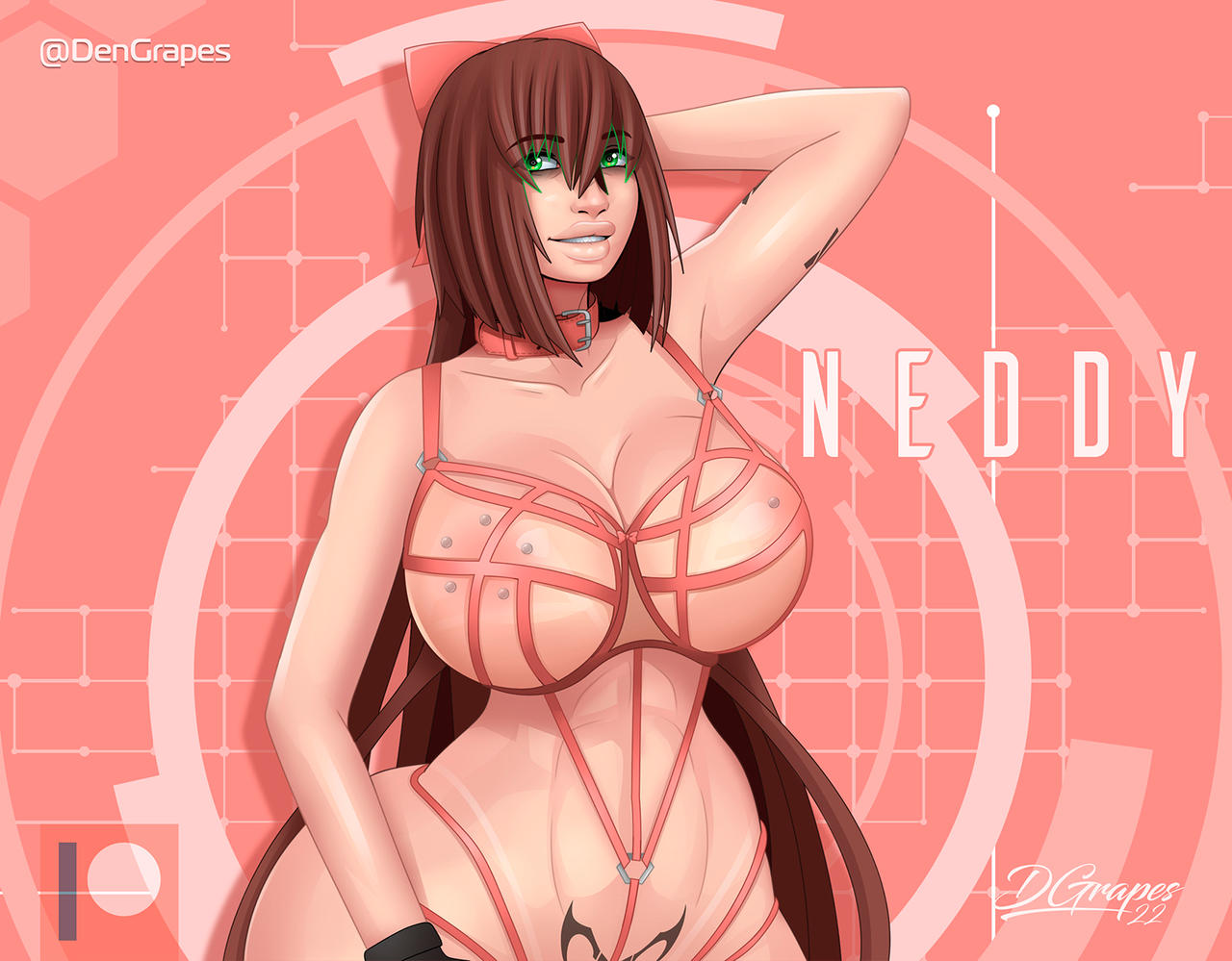 1girls brown_hair dante-grapes green_eyes hairbow long_hair neddy original original_character slave slave_collar slavegirl underwear wide_hips