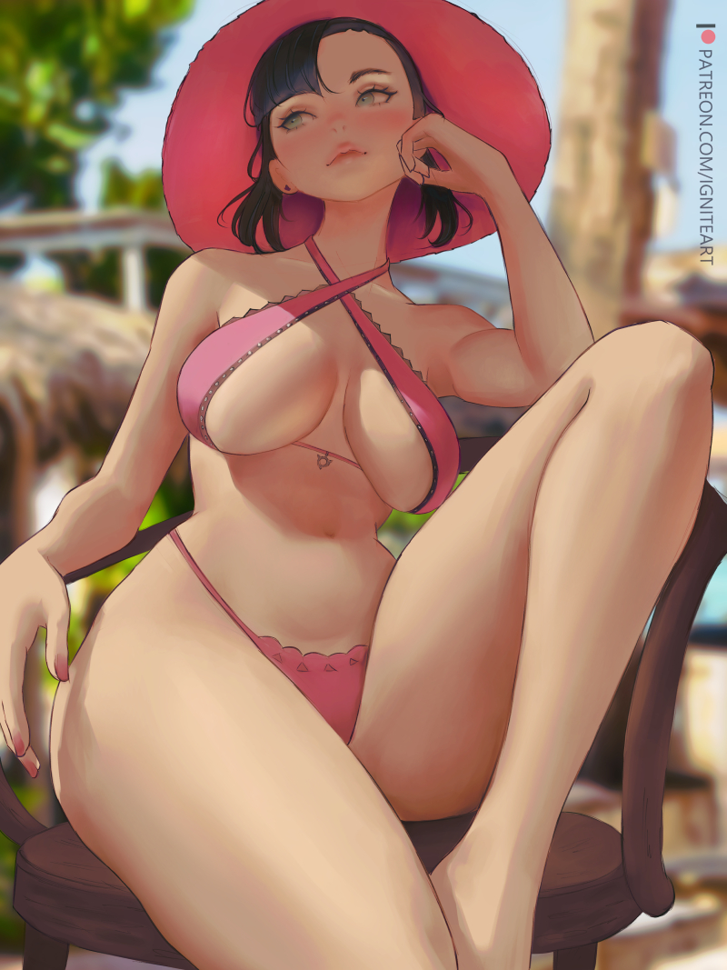 1girls 2022 aged_up alternate_breast_size asymmetrical_hair beach bikini blurry_background blush breasts clothing female female_only green_eyes hat headwear hips huge_breasts human ignitesart marnie_(pokemon) medium_hair nintendo outdoors pale_skin pink_bikini pokemon pokemon_ss slim_waist solo swimwear thick_lips thick_thighs thighs twintails wide_hips