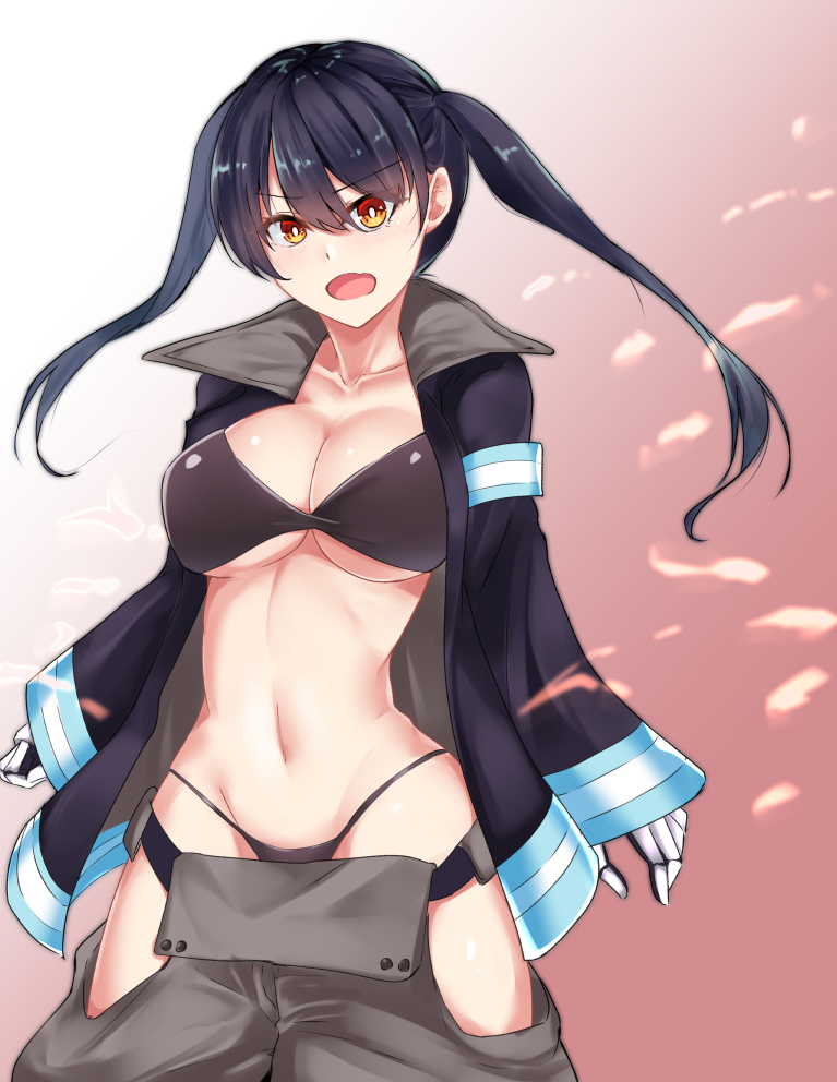 amber eyes, big breasts, black bra, black hair, breasts, enen no shouboutai, female, fire force, kotatsu tamaki, teenager, thick thighs, wide hips