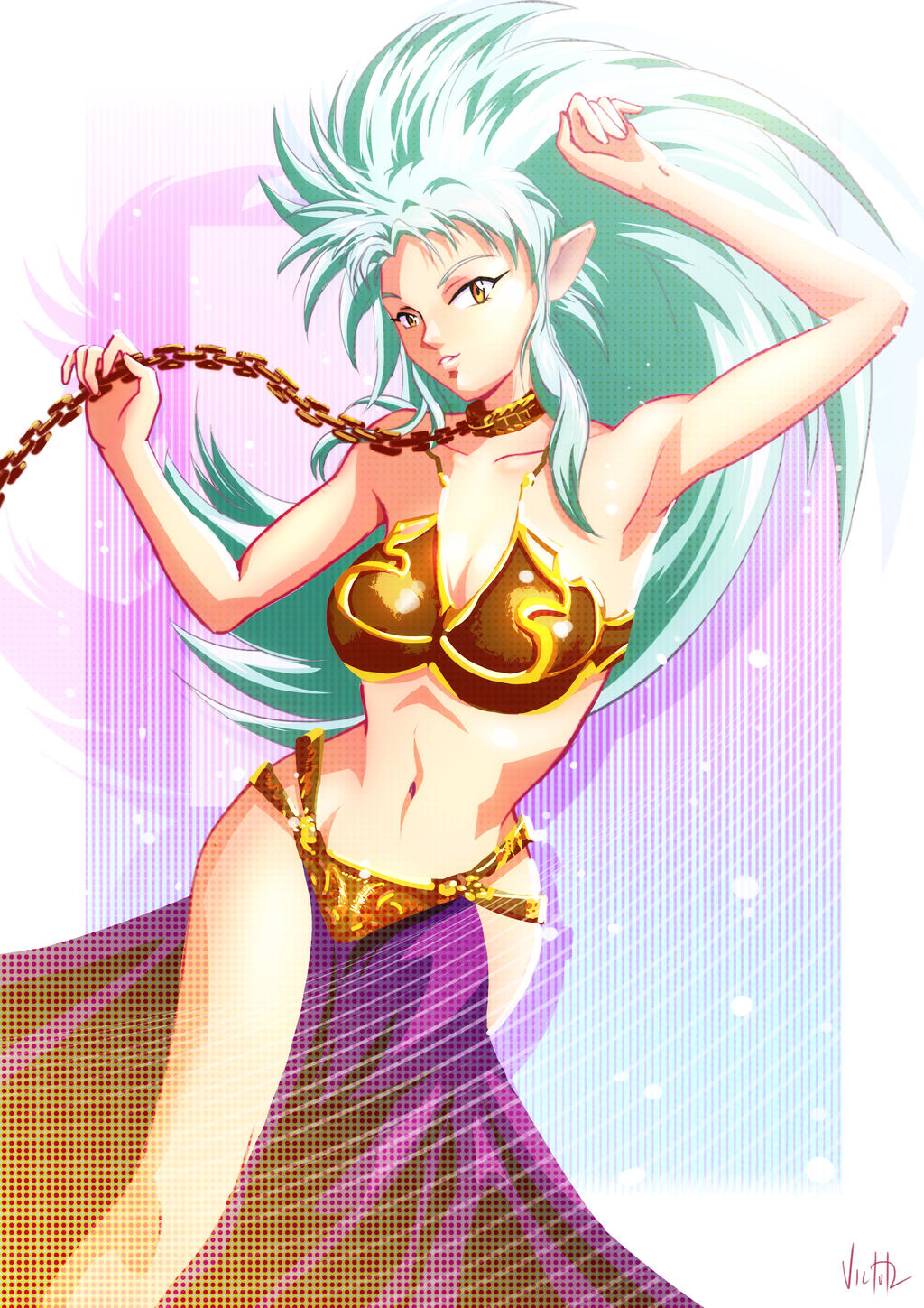 alien alien_girl alien_humanoid alien_look_like_human amber_eyes belly_dancer belly_dancer_outfit big_ass big_breasts chain cleavage criminal crossover_cosplay female female_only harem_girl harem_outfit large_ass large_breasts light_blue_hair loincloth long_hair perky_breasts pointy_ears ryoko_hakubi slave slave_bikini slave_collar slave_leia_(cosplay) slave_outfit slavegirl spiky_hair victortienyu voluptuous wide_hips