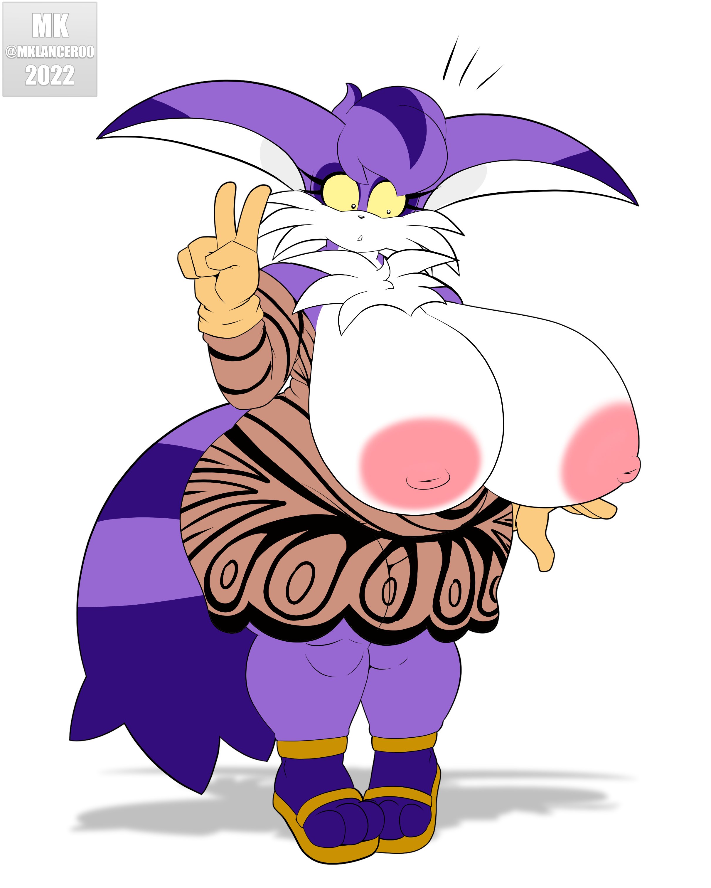 absurd res, big breasts, big the cat, biggie (female big), breasts, chubby, chubby female, clothed, clothing, crossgender, felid, feline, felis, female, footwear, fur, furry, furry only, genderswap, genderswap (mtf), handwear, hi res, huge breasts, large breasts, looking at viewer, mklancer00, mtf crossgender, nipples, rule 63, sega, sonic (series), tagme, tail, thick thighs, topwear, wide hips