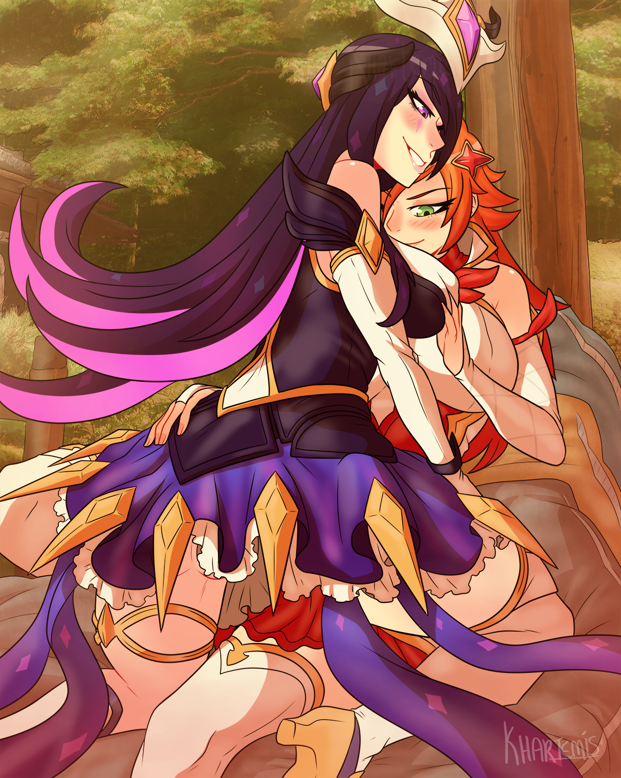 2girls, big breasts, black hair, breasts, duo, female, female only, grabbing, grabbing breasts, green eyes, huge breasts, khartemis, large breasts, league of legends, long hair, miss fortune, multiple females, multiple girls, muscular, orange hair, purple eyes, riot games, smile, star guardian miss fortune, star guardian series, star guardian syndra, sweat, sweatdrop, syndra, thick thighs, yuri
