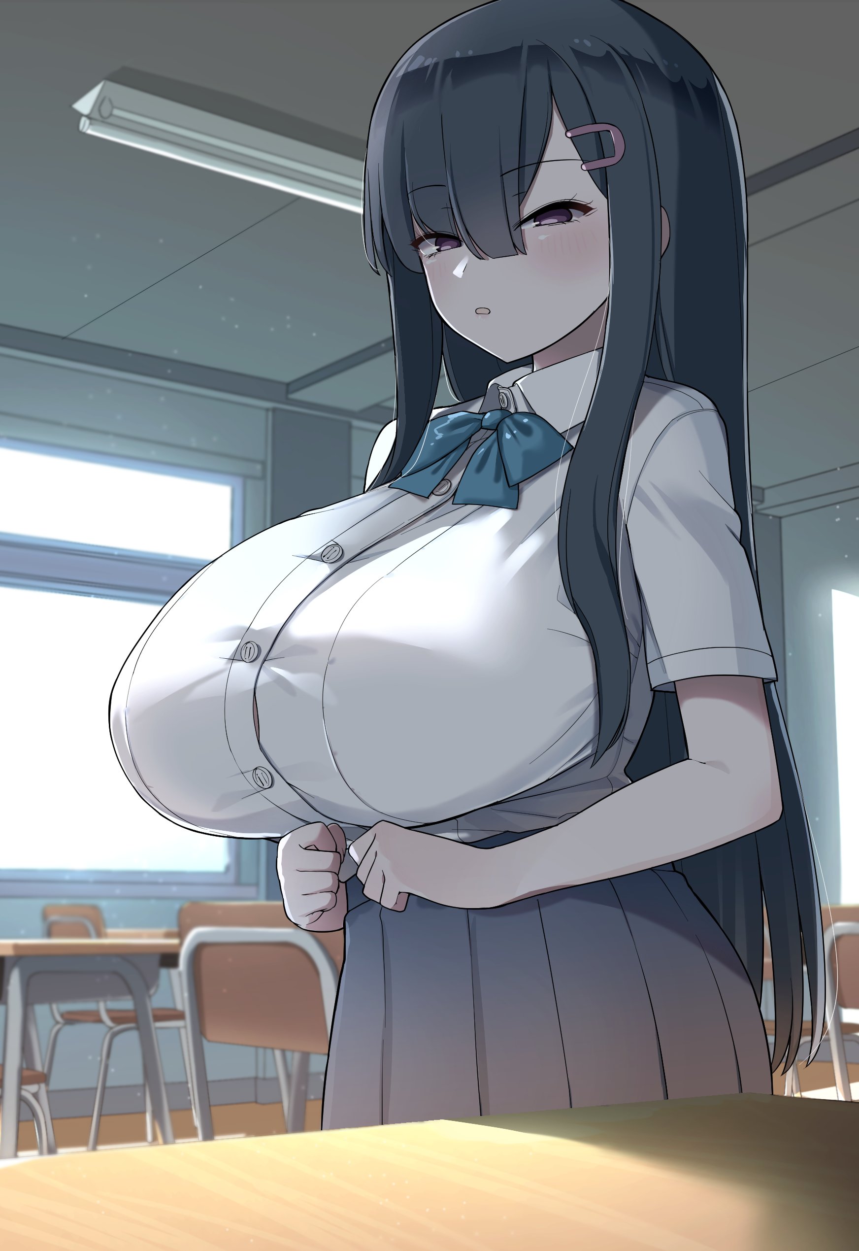 absurd res, absurdres, akitokage, bangs, black hair, blue bow, blue bowtie, blue skirt, blunt ends, blush, bow, bowtie, breasts, bursting breasts, button gap, chair, classroom, collared shirt, cowboy shot, desk, disinterested, emotionless, emotionless female, eyebrows visible through hair, female, femsub, gigantic breasts, hair ornament, hairclip, highres, indifference, indifferent, indoors, long hair, looking at viewer, nozomi (akitokage01), open mouth, original, own hands together, pink lips, pleated skirt, purple eyes, school desk, school uniform, shirt, shirt tucked in, short skirt, short sleeves, sidelocks, skirt, solo, standing, straight hair, unamused, unbothered, uncaring, unenthusiastic, very long hair, white shirt, wholesome, window