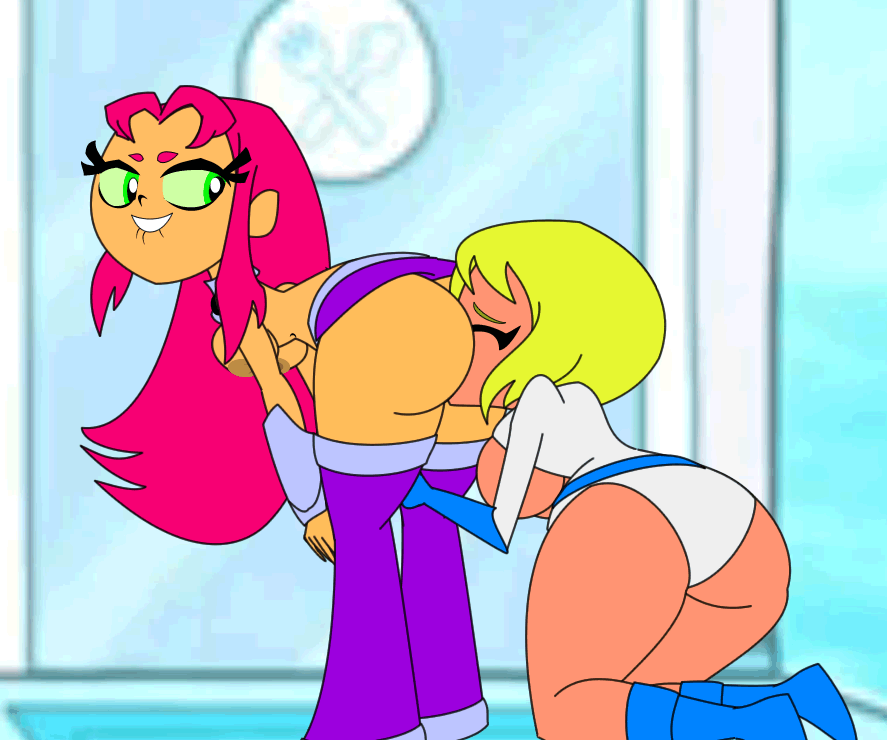 2d, 2d animation, 2girls, animated, animated gif, ass, ass shake, big ass, big breasts, breasts, closed eyes, dc, dc comics, face in ass, female, female only, gif, long hair, looking back, power girl, pyramid (artist), rimming, short hair, sitting, starfire, superheroine, superman (series), teen titans, teen titans go, yuri