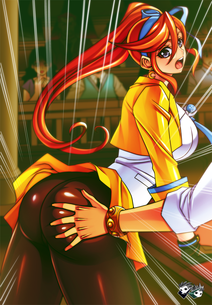 1boy 1girls apollo_justice athena_cykes big_breasts blue_eyes bracelet female groping gyakuten_saiban hand_on_ass huge_ass jadenkaiba leggings long_hair orange_hair thick_thighs watermark