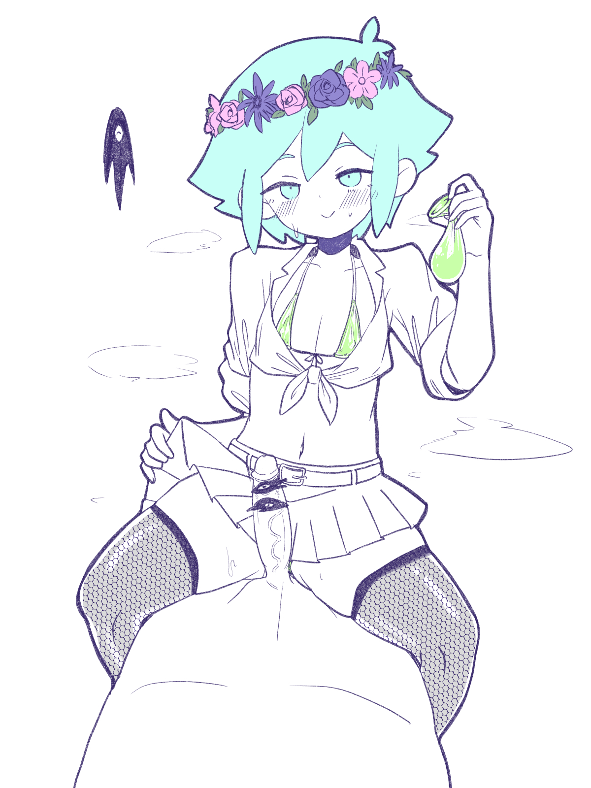 2boys, basil (omori), femboy, green eyes, green hair, male, mob face, omori, skirt, something (omori), tagme, thighhighs
