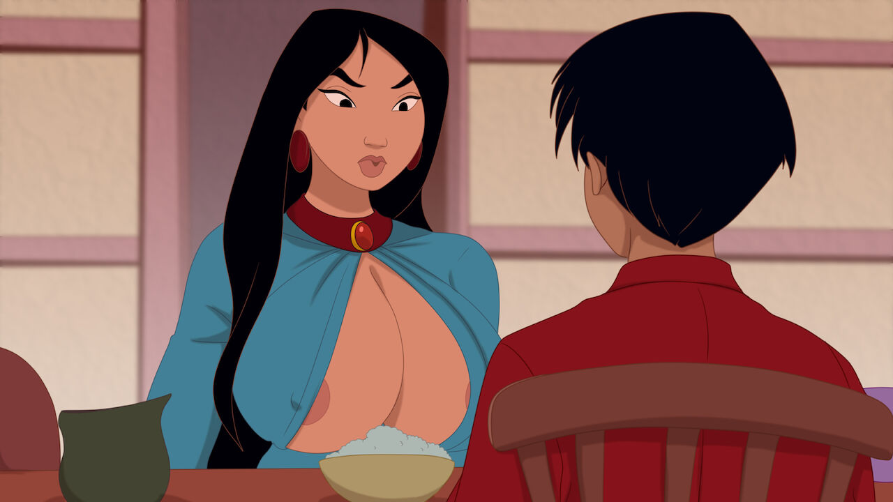 1boy, 1girls, areola slip, areolae, asian, big areola, black hair, breasts, breasts out, discreenvision, disney, disney princess, earrings, fa mulan, female, huge breasts, inusen, large breasts, lips, long hair, male, mature, mature female, milf, mulan, nipples, nipples visible through clothing, thick lips, unseen male face, voluptuous