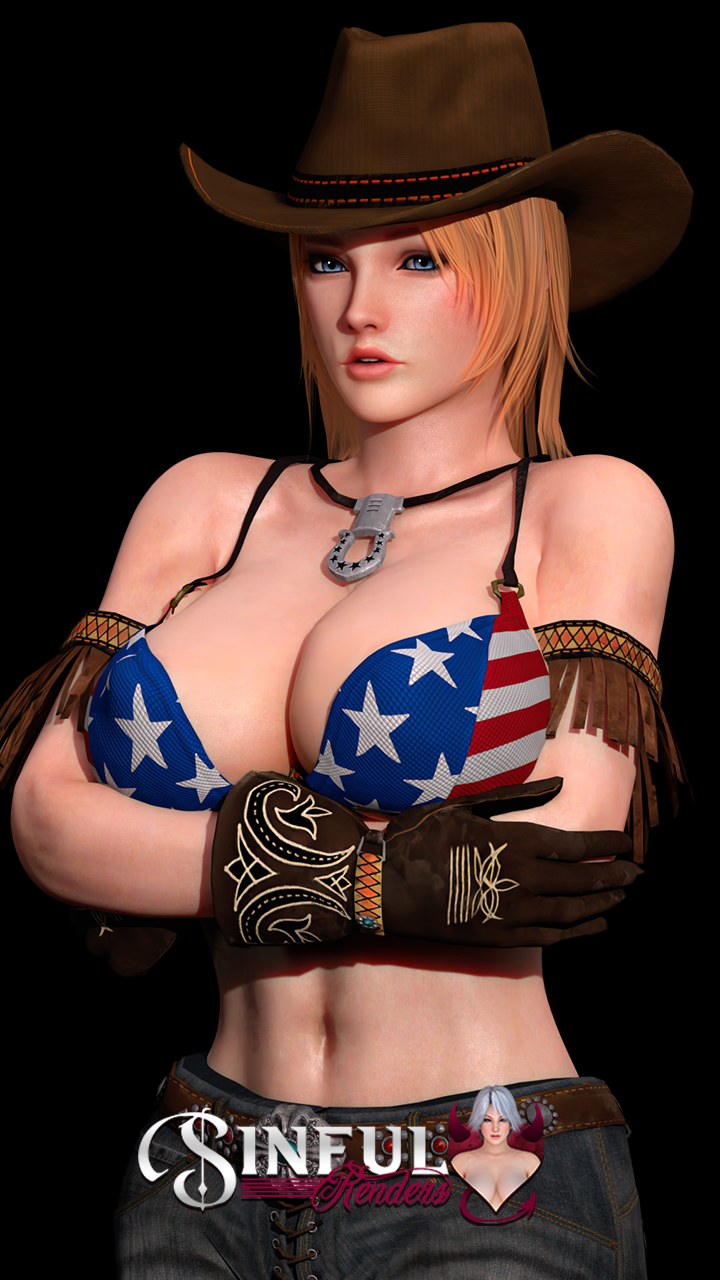 1girls 3d american american_flag american_flag_bikini bikini blonde_hair cleavage clothing cow_girl cowboy_boots cowboy_gloves cowboy_hat cowgirl dead_or_alive female female_only footwear fully_clothed gloves handwear hat headwear human jeans large_breasts necklace pale_skin sinful_desire_ent solo swimsuit texan tina_armstrong