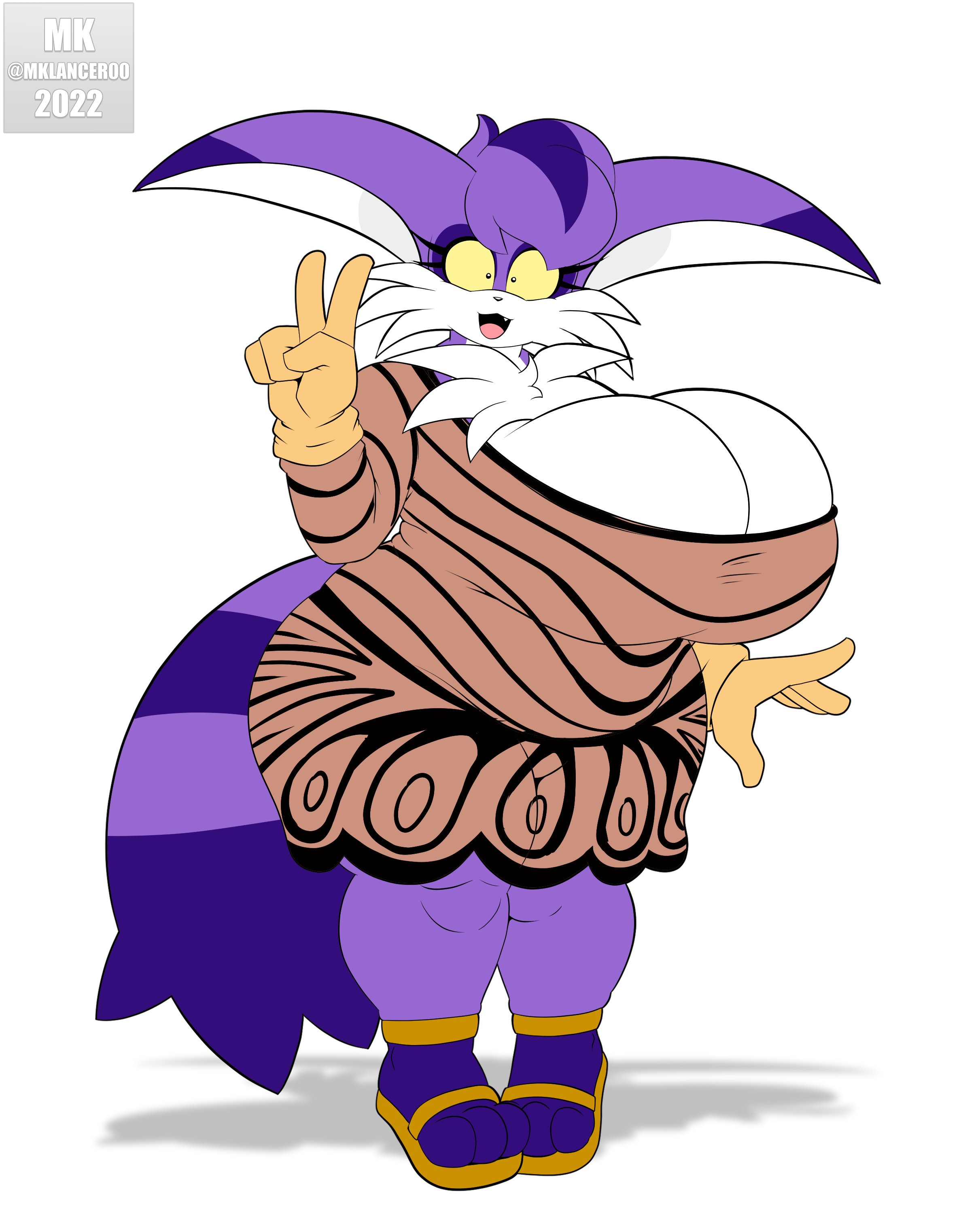 absurd res, big breasts, big the cat, biggie (female big), breasts, chubby, chubby female, clothed, clothing, crossgender, felid, feline, felis, female, footwear, fur, furry, furry only, genderswap, genderswap (mtf), handwear, hi res, huge breasts, large breasts, looking at viewer, mklancer00, mtf crossgender, rule 63, sega, sonic (series), tagme, tail, thick thighs, topwear, wide hips