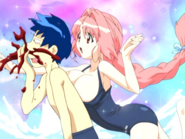 1boy 1girls blue_hair braided_hair braided_ponytail breasts_on_back breasts_out breasts_outside bulge ecf embarrassed_clothed_female girls_bravo horny horny_male light-skinned_female light-skinned_male miharu_sena_kanaka nip_slip nose_bleed nosebleed pale-skinned_female pink_hair red_eyes school_swimsuit screencap screenshot sparkles swimsuit yukinari_sasaki