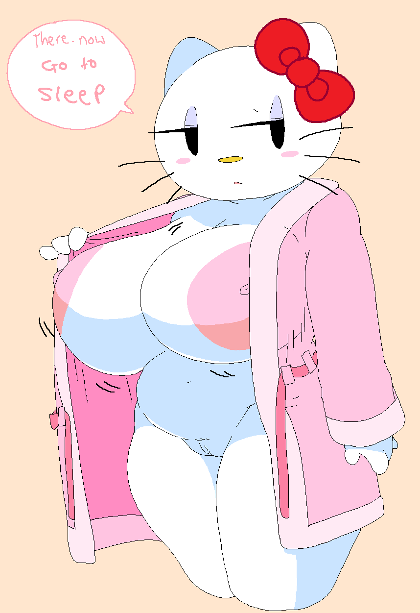 anthro bathrobe big_areola big_breasts big_nipples breasts chubby dream-cassette female flashing hello_kitty hello_kitty_(character) hello_kitty_(series) hoshime huge_areolae huge_breasts huge_nipples kitty_white mob_face naked_robe open_clothes open_robe pussy robe sanrio shortstack solo tagme tired tired_eyes