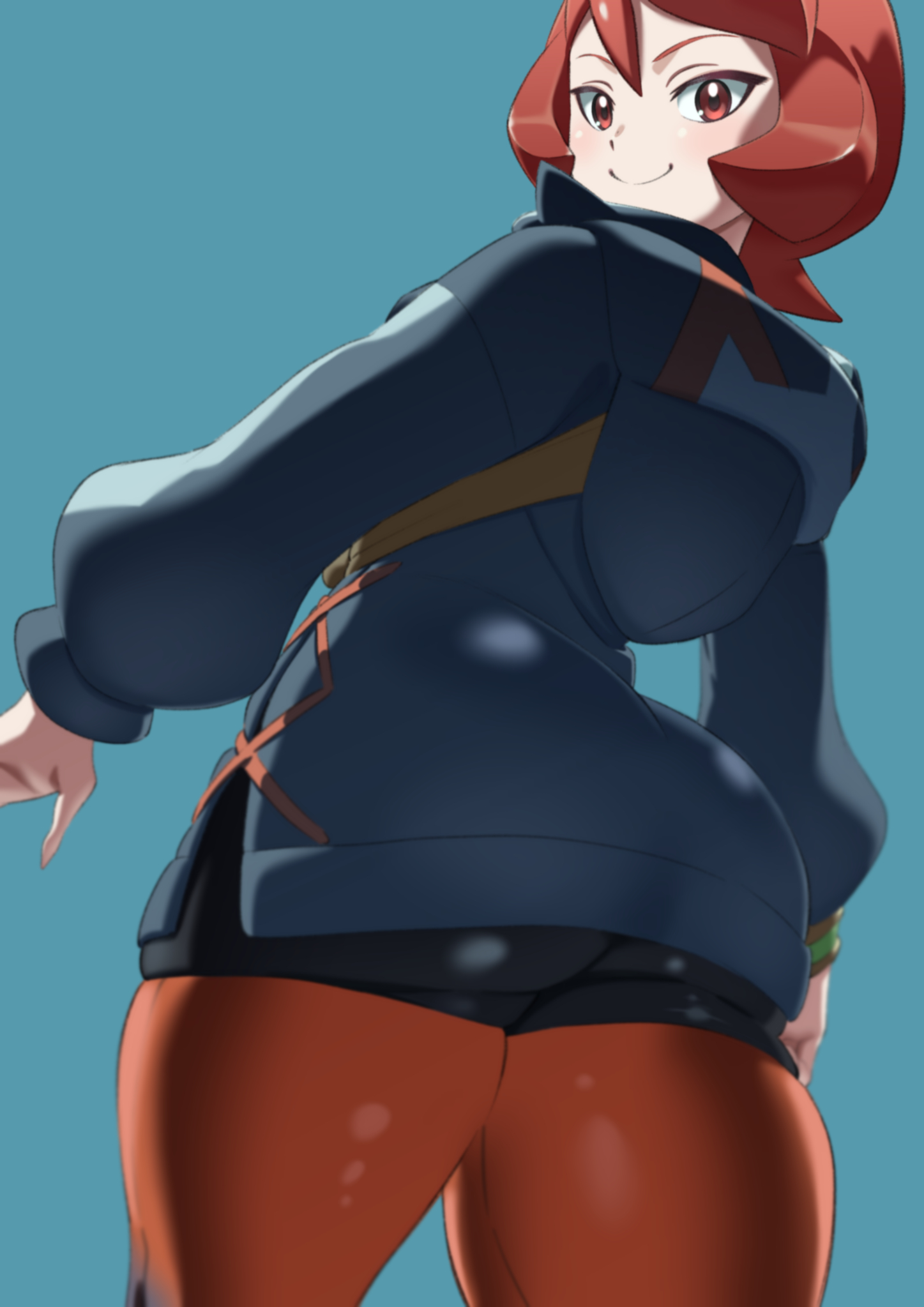 1girls, arezu (pokemon), ass, ass focus, back, back view, big ass, bottomwear, clothing, female, female only, game freak, hair, ika daishogun, jacket, looking at viewer, looking back, pants, pokemon, pokemon legends: arceus, red eyes, red hair, red pants, short hair, smile, solo, solo female, thick thighs, thighs, topwear