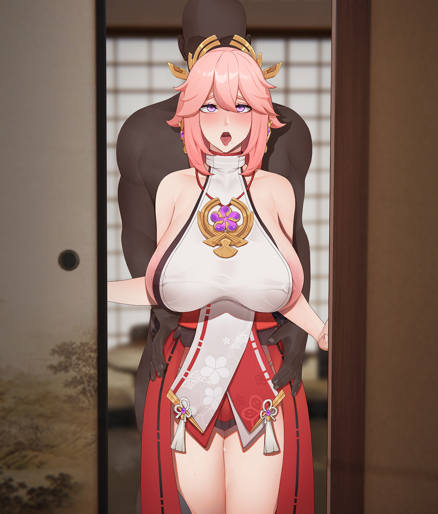 1boy, 1girls, ambiguous penetration, cheating, cuckold, dark skin, dark-skinned male, female, genshin impact, interracial, male, netorare, ntr, sex, shrine maiden, straight, tm yuebing, yae miko