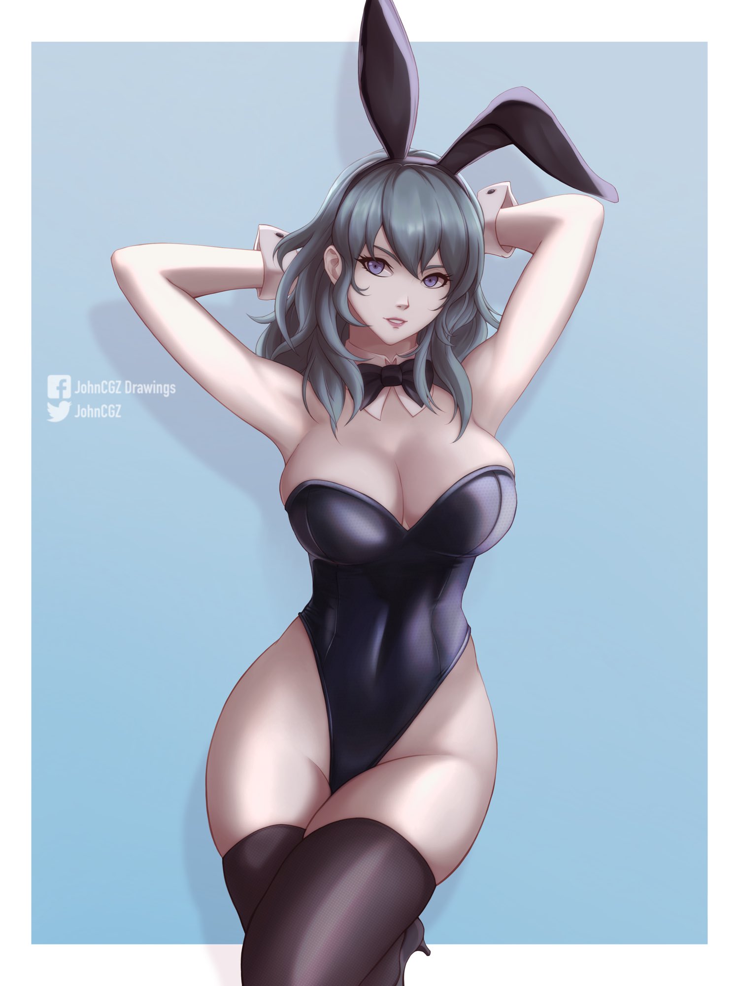 alternate costume, blue eyes, breasts, bunny ears, bunny girl, bunnysuit, byleth (fire emblem), byleth (fire emblem) (female), cleavage, female, female only, fire emblem, fire emblem: three houses, johncgz, large breasts, nintendo, solo