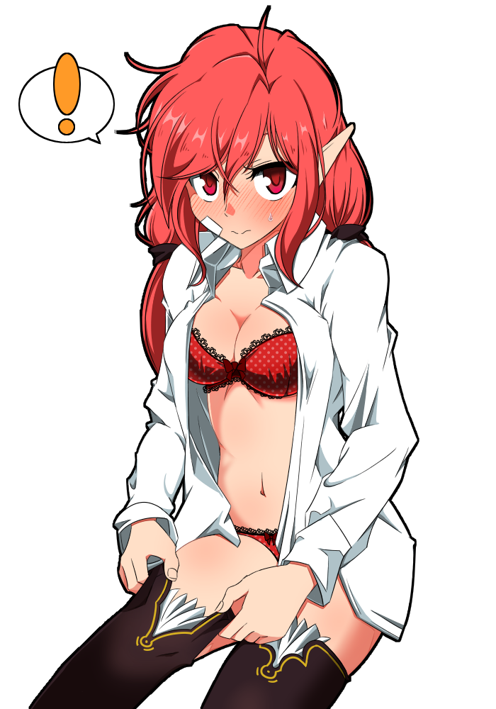 blouse bra dressing dungeon_and_fighter dungeon_fighter_online female female_mage_(dungeon_and_fighter) hair_tie long_hair mage_(dungeon_and_fighter) panties red_hair shirt solo sss_(komojinos3) sticker_on_face surprised thighhighs underwear upper_body white_shirt witch_(dungeon_and_fighter)