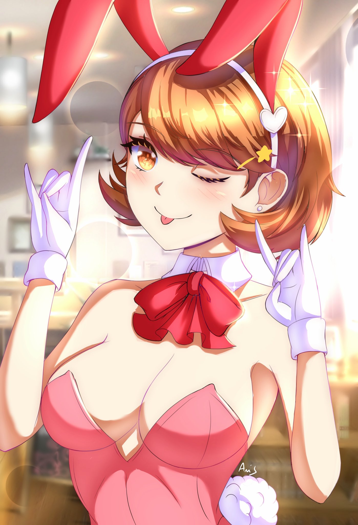 anisdrawn, atlus, breasts, female, female only, looking at viewer, one eye closed, persona, persona 3, short hair, solo, yukari takeba