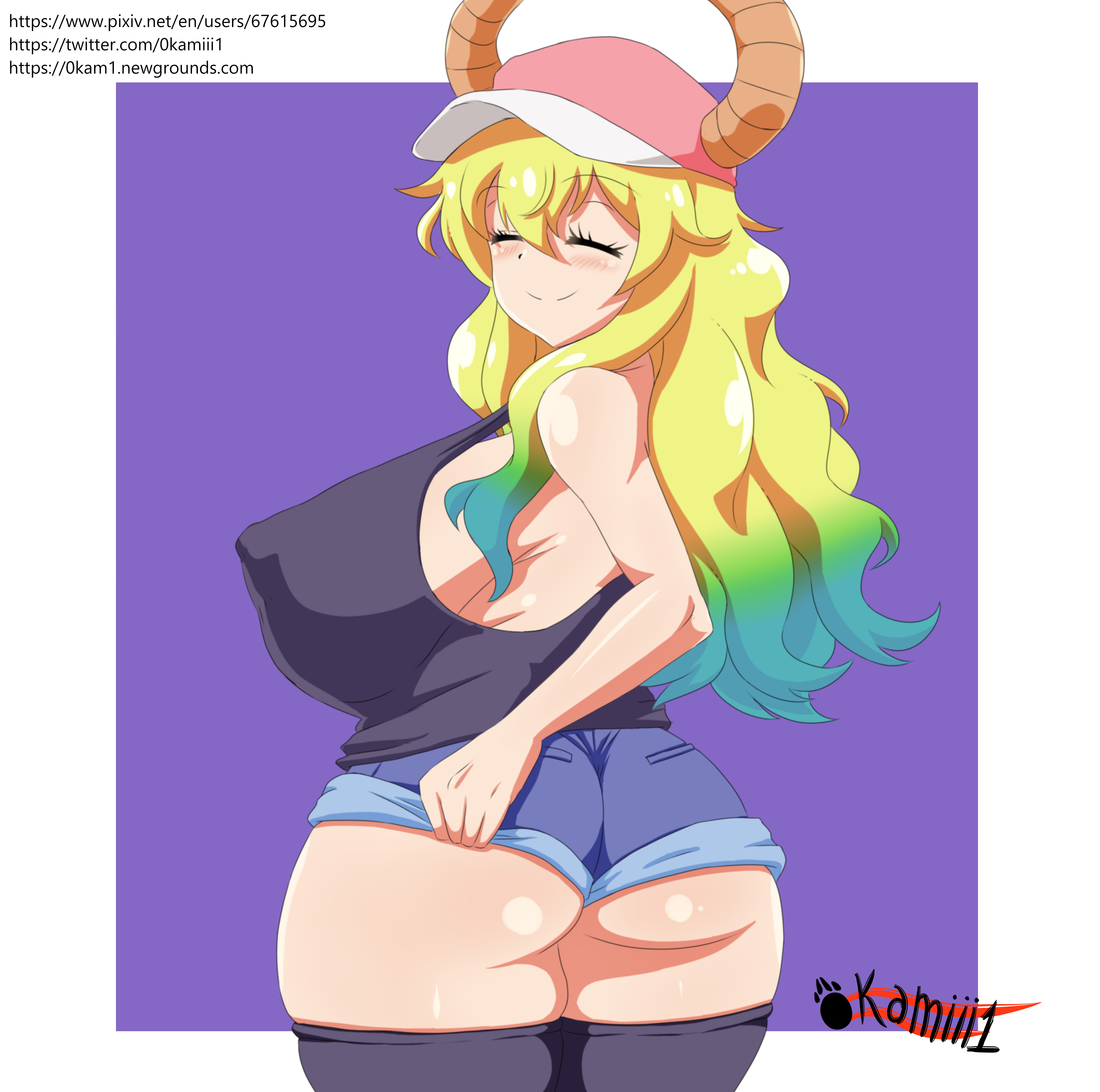 1girls, alternate version available, ass, ass focus, back, back view, big ass, big breasts, black shirt, blue shorts, blush, booty shorts, bottomwear, breasts, closed eyes, clothing, erect nipples, female, female only, hat, horns, huge breasts, large breasts, long hair, mature, mature female, miss kobayashi's dragon maid, nipples, okamiii1, quetzalcoatl (dragon maid), shirt, shorts, smile, solo, solo female, thick thighs, thighs, topwear, two-tone hair, wide hips