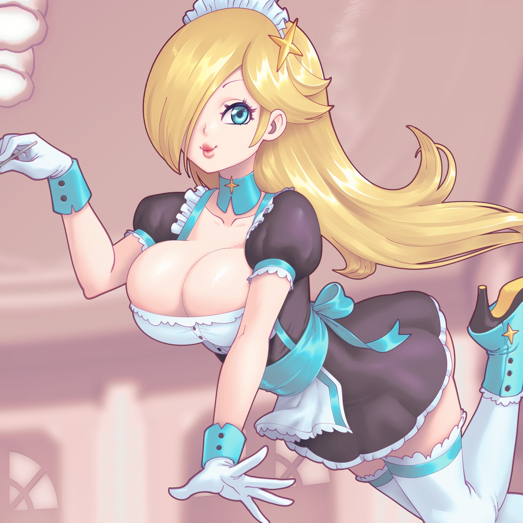 1girls, 2022, blonde hair, blue eyes, breasts, cleavage, female, female only, hair over one eye, hips, huge breasts, long hair, maid, maid headdress, maid outfit, maid uniform, mario (series), nintendo, princess rosalina, slim waist, super mario galaxy, supersatanson, thick thighs, thighs, wide hips